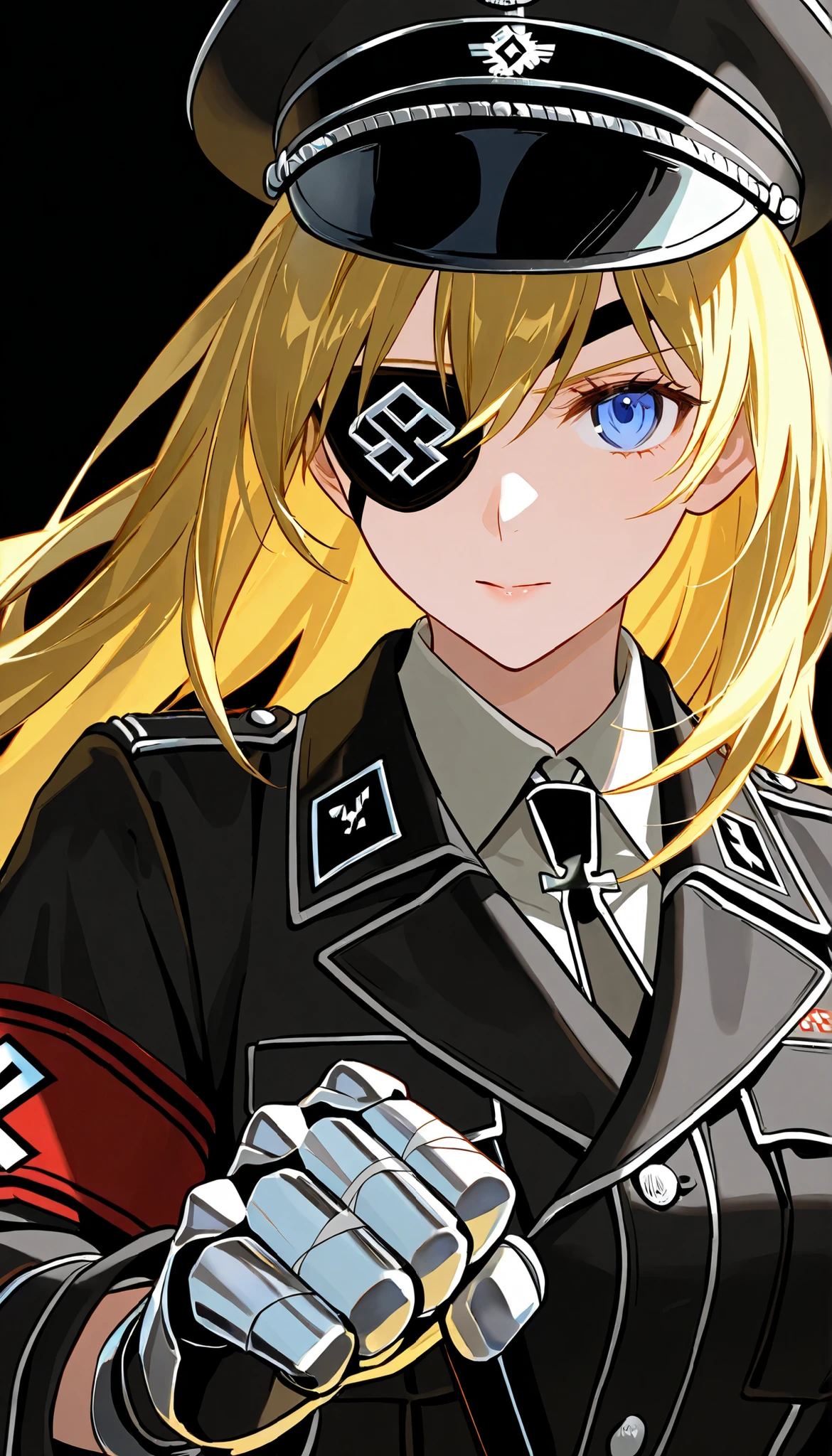 top quality、High Definition、4K,score_9 , score_8_up , score_7_up、No expression、older sister、mature woman、blonde hair、long hair、blue eyes、Bandage Eyepatch、The iron prosthetic hand、、(( nazi military uniform ))、Nazi military uniform 、military hat、key cross、、black background、black background、stick out your fist、Fighting Pose as Swarm Monsters Approaching