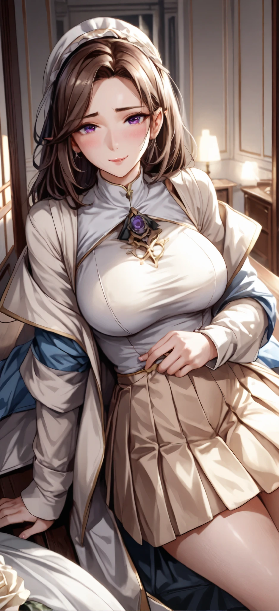 Anime style. Girl. A world of swords and sorcery. White underwear. Miniskirt. Big tits. Mansomi. Sitting and opening the crotch.