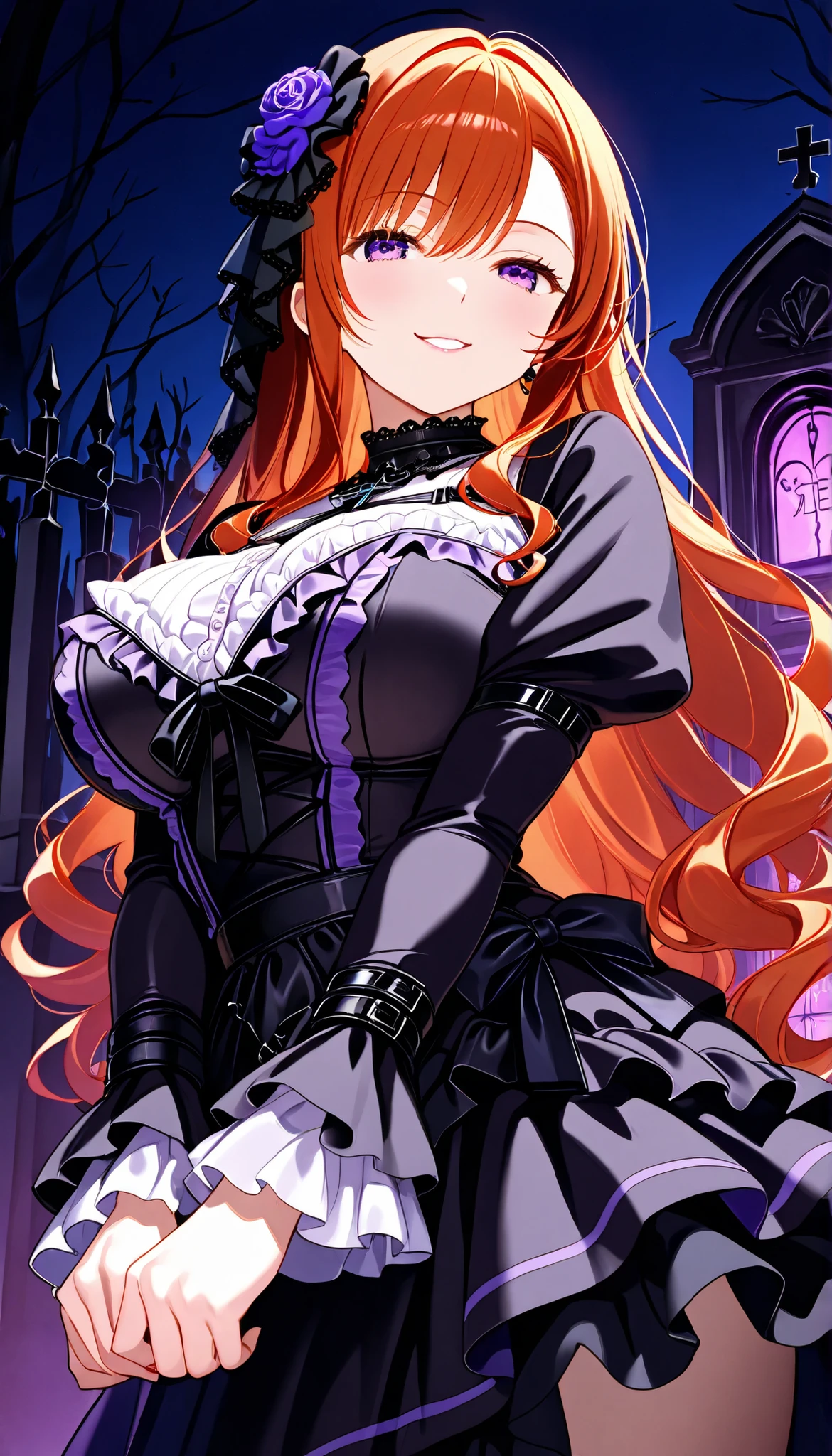 top quality、High Definition、4K,score_9 , score_8_up , score_7_up、older sister、mature woman、Seductive Smile、(wavy hair)、curly hair、long hair、amber hair、amber color hair、purple eyes、purple eyes、((Saggy Eyes))、((gothic costume)((gothic dress))、dynamic pose、、((Cemetery))、Gravestone、 Cross 、garden、night、((Zombies))、たくさんのZombies、Hands grow from the ground、gothic atmosphere、Zombies、Cemeteryに
