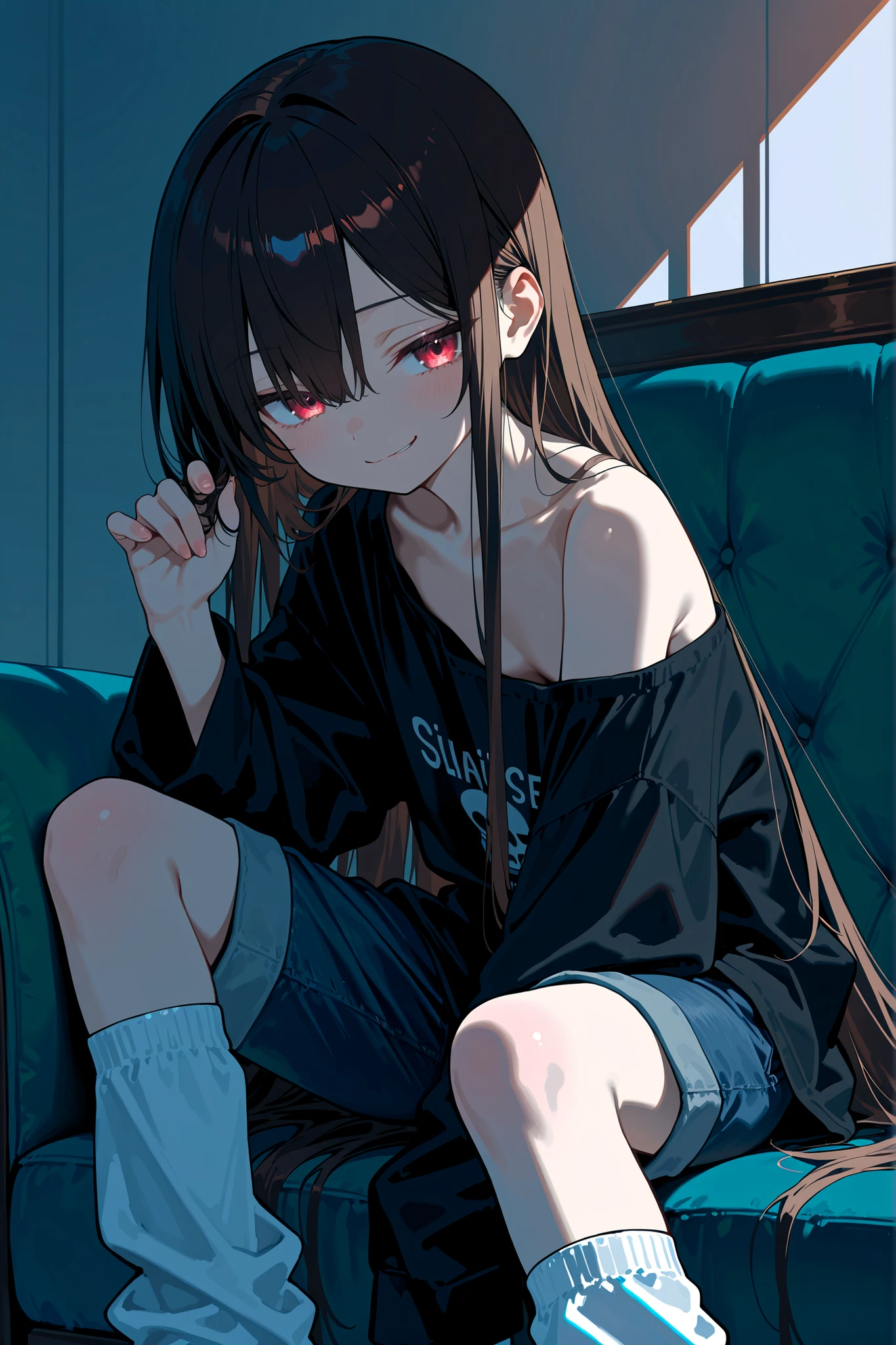(masterpiece, sidelighting, finely detailed beautiful eyes: 1.2), ((best quality)), ((masterpiece)), (highly detailed:1.3), anime, 1girl, petite, small chest, short stature, solo, cute, young girl, red eyes, smirk, sassy darkened eyes, red eyes, (enormously long hair, hair length to the feet, straight hair), brown hair, twirling hair locks between fingers, ((oversized clothes)), denim pants, shirt with bare shoulder, black shirt, red parka, sitting on sofa, (hanging socks), masterpiece, clean image, high res, HD, high quality