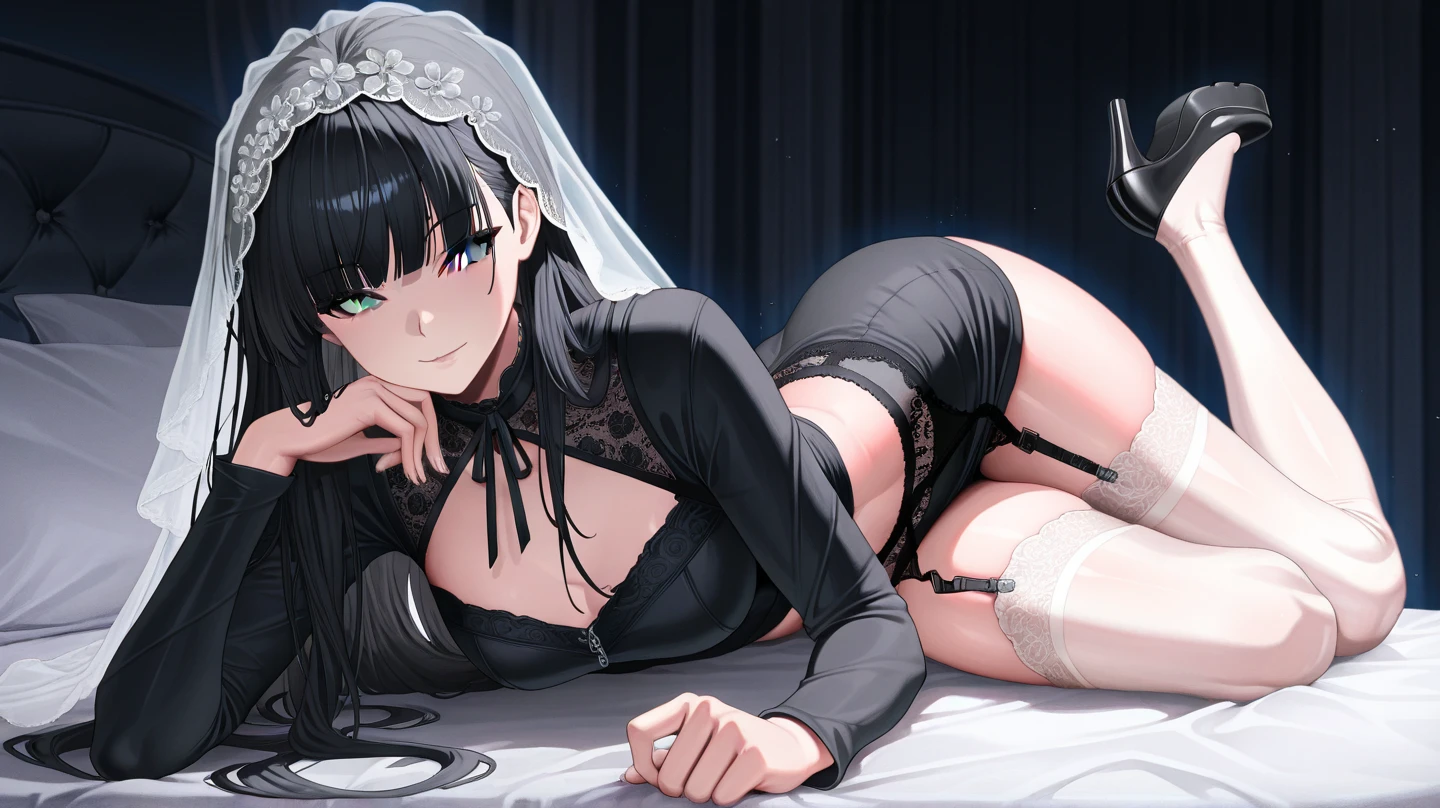 masterpiece、highest quality、High resolution、1 girl、(solo)、low length、barefoot、(((Yor Forger、jet black hair)))、detailed depiction of the face、(Standing with a smile)、slender、thin legs、(((bedroom、Sexual bra with detailed decoration、sexual panties with detailed decorations、black tights)))