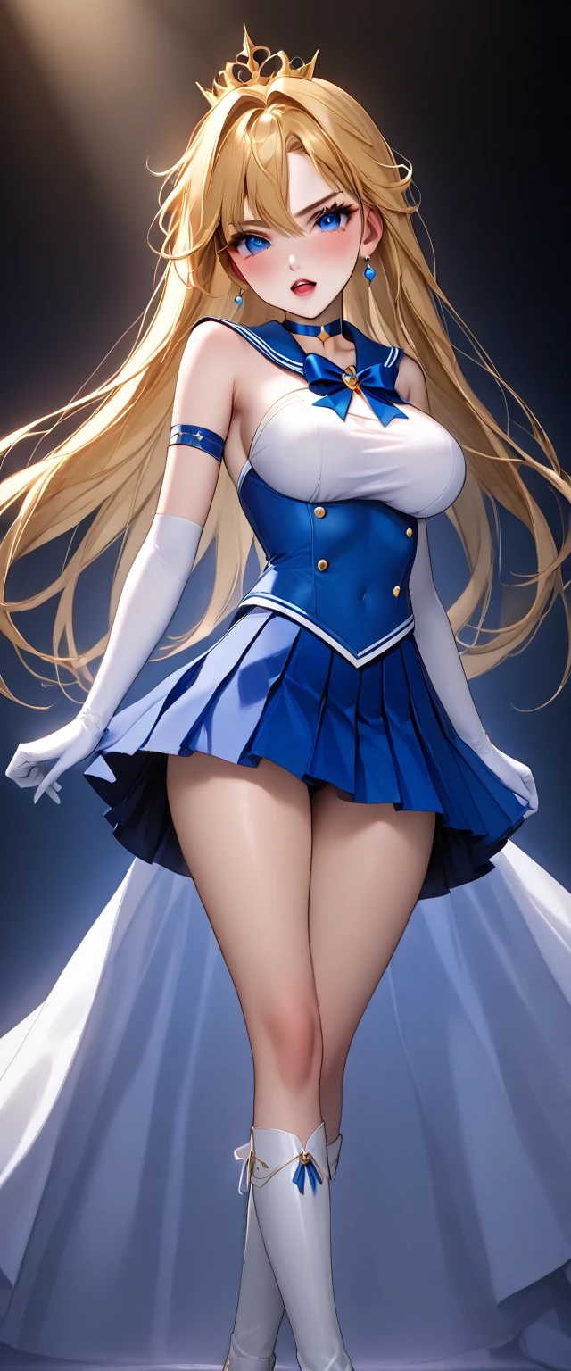Masterpiece, Best Quality, Solo Focus, (Perfect Face:1.1) , (High Detail:1.1),Dramatic, (1 Girl:1.5), (Big:1.5), Solo, Cleavage, Long Hair, Curvaceous, Big, See-through,Thighs, Bare Shoulders, Wide Hips, Thick Thighs, Lips, Detailed Backgrounds, Art, Night, Moon, Film Lighting, Cheergirl, by Artgerm and Greg Rutkowski miniskirt, sun visor, blue and white clothes, navel, sexy, blonde, twin tails,