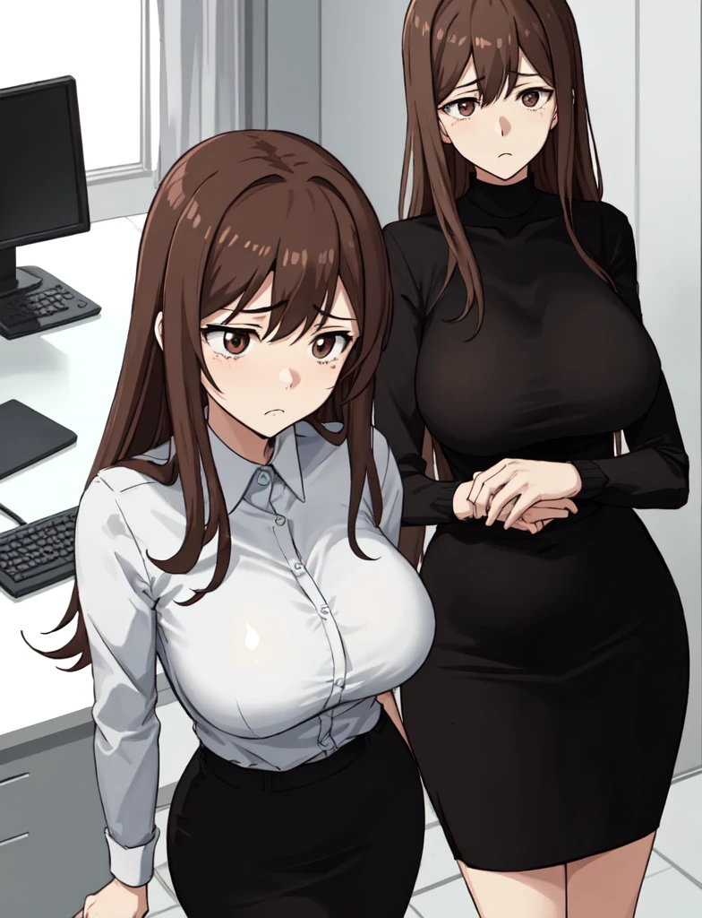 Chubby anime girl, she has red eyes, short brown hair, she wears a suit that is a little open revealing her huge breasts that are being squeezed by her bra