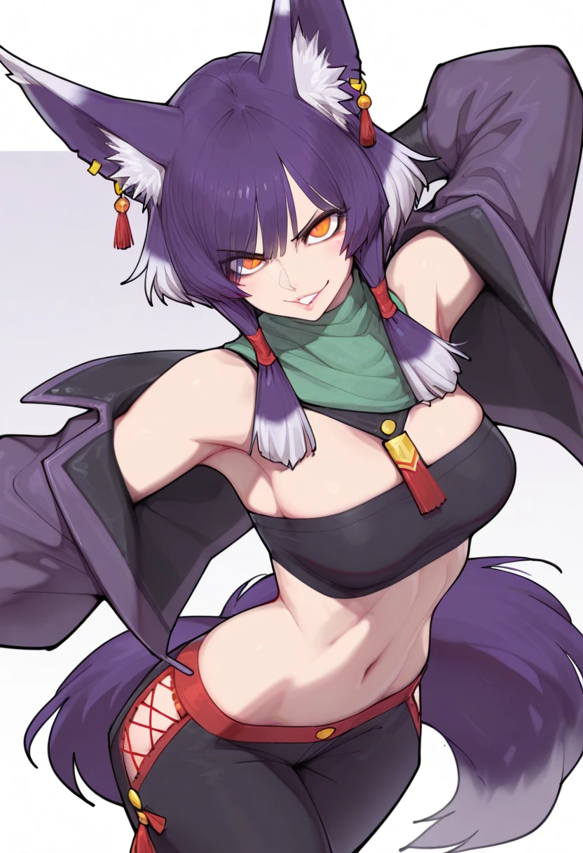 1 girl , alone ,Taisho Modern、、big cleavage、headphone , greenish black hair、ponytail、fox ears、blue eyes、sunglasses、Dark purple kimono、red hair ornament、light purple long hakama、black coat、leather boots、headphones、sunglasses、sexy、charm、Wet、face turns red、far shot , full body、city