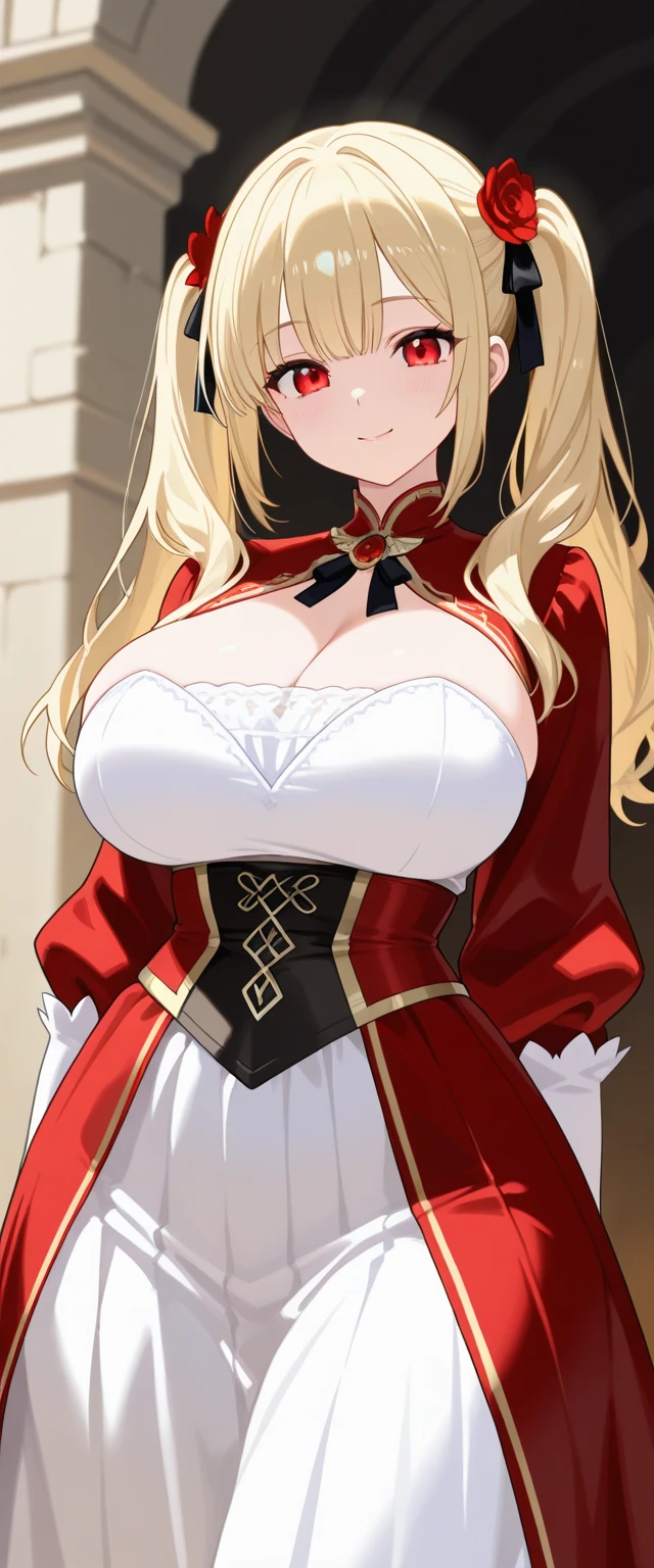 (masterpiece:1.5),(best quality:1.5),(high resolution:1.5),(8k:1.5),(perfect face:1.5),(beautiful detailed eyes:1.5),(Cowboy Shot:1.5) ,(extremely detailed face:1.5),(perfect lighting:1.5),(extremely detailed CG:1.5), (perfect hands:1.5),(perfect anatomy:1.5),,(perfect body:1.5),(perfect hands:1.5),(perfect fingers:1.5),(full body:1.5),,(1woman:1.3),(megami magazine:1.15),pale skin,(large breasts:1.3)(large ass:1.3),(red long dress:1.3), (light blonde long hair:1.3),(yellow eyes:1.3), blush,