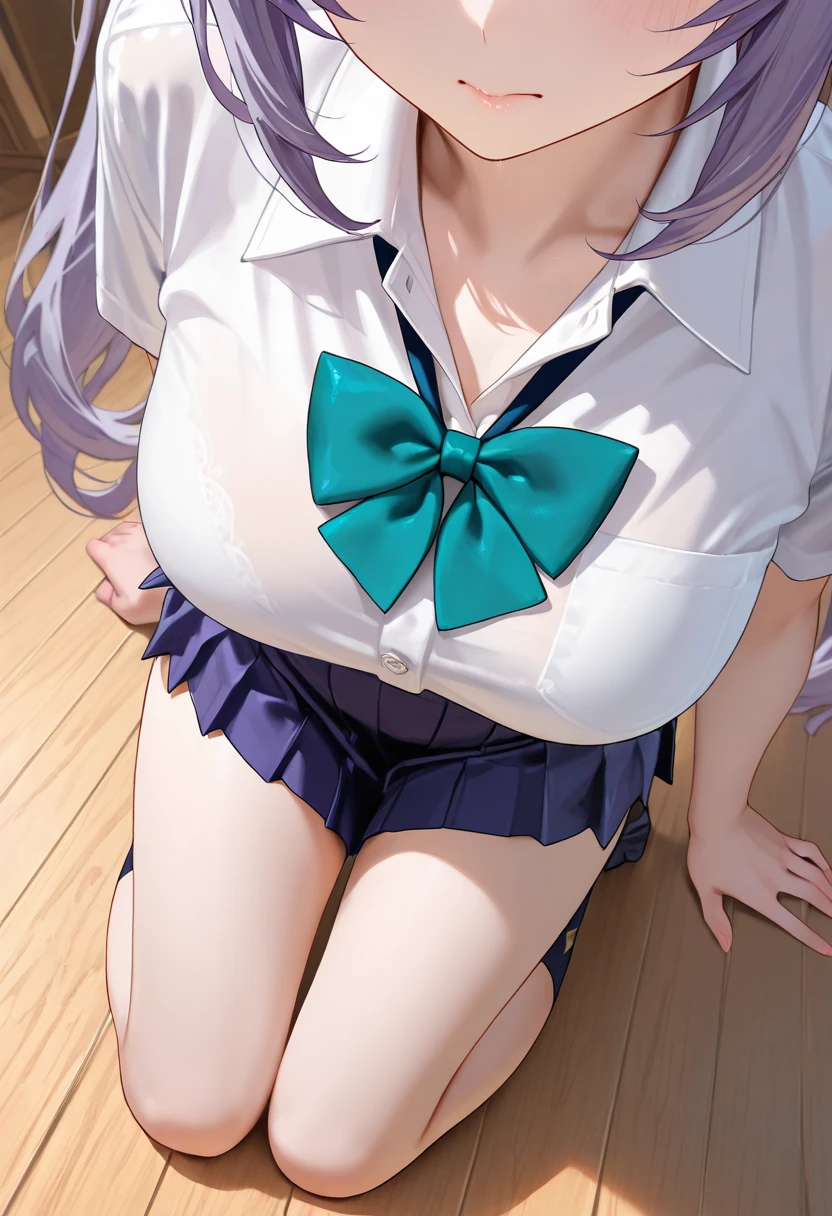 score_9, score_8_up, score_7_up, score_6_up, uncensored, quinella, absurdly long hair, purple eyes, long hair, parted bangs, purple hair, very long hair, hair ornament, BREAK (masterpiece:1.2), best quality, high resolution, (detailed eyes:1.3), perfect lighting, (perfect hands, perfect anatomy), large breasts, 1girl, breasts, black_gloves, gloves, navel, rating:questionable, looking_at_viewer, solo, skirt, pasties, standing, school_uniform, serafuku, thighhighs, shirt, revealing_clothes, short_sleeves, pleated_skirt, skirt lift, fundoshi, excessive pubic hair peek,
