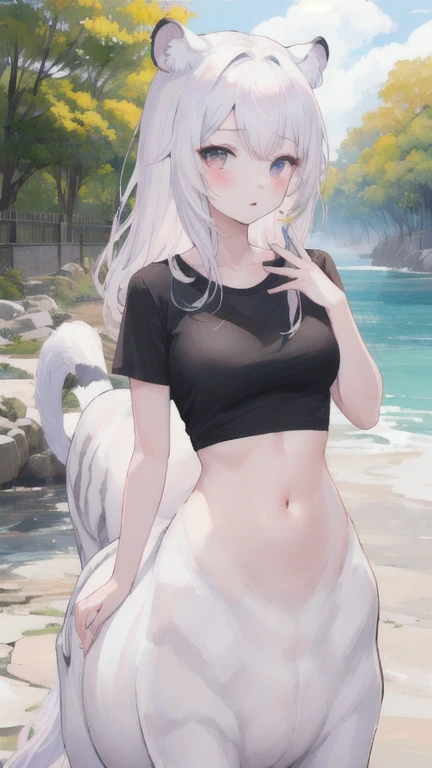 (best quality, masterpiece), 1 girl, centaur, It takes, White skin, Korean ,Smiling,exposing the abdomen,belly button t-shirt, 아름다운 소녀 perfect white tiger photo, perfect white tiger photo