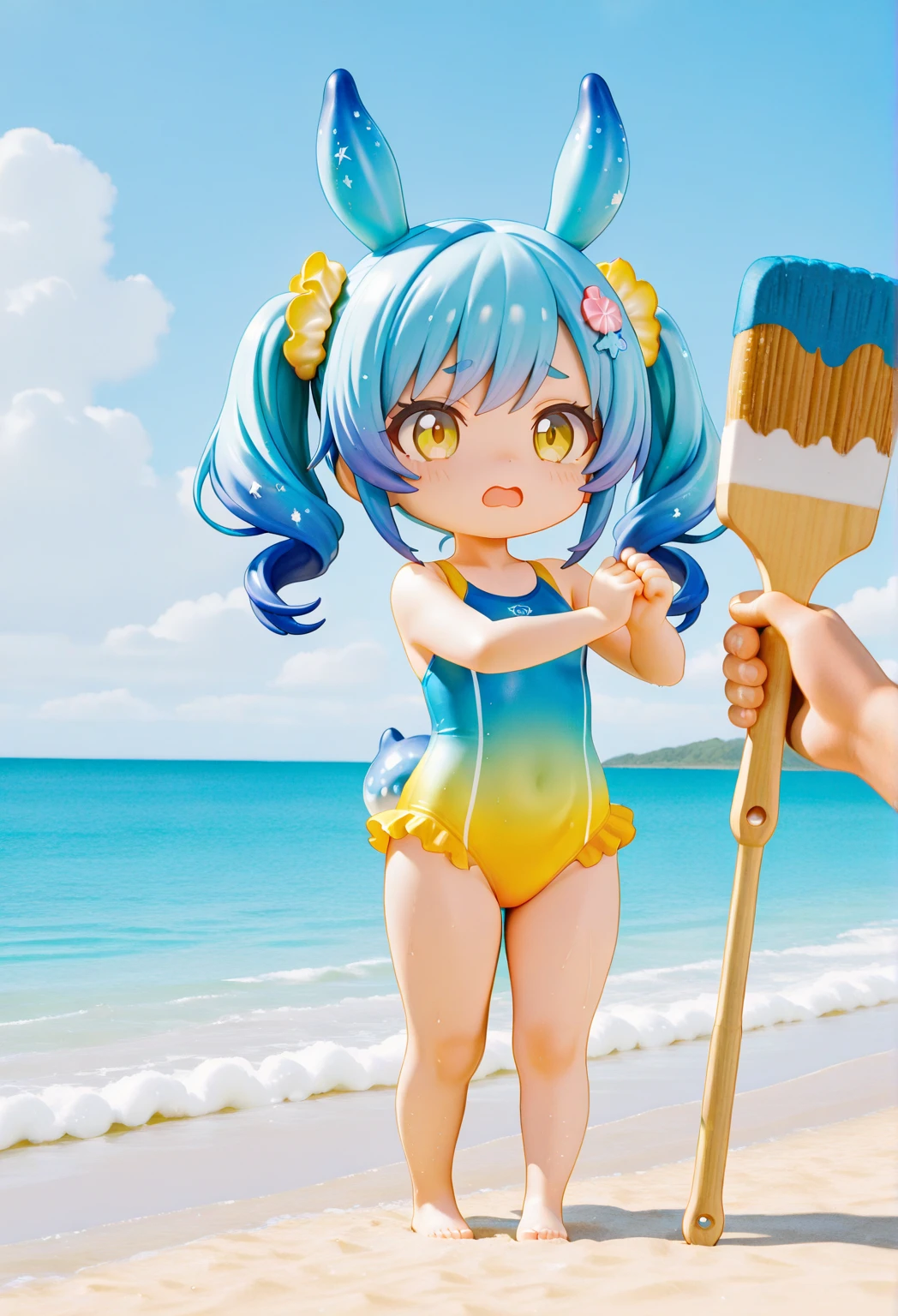 Photo realistic、Doll standing in front of the painting(Nendoroid)、頬にWater Drop、Joyful singing voice、Posing to splash water、Close one eye、Watercolor Nendoroid、(High definition figure)、Flowing iridescent silk、Close-up of face、Eyes up、Bikini Swimwear(Floral)、There are flowers in front of the Nendoroid、petal、Water Drop、season!!: summer☀ 🍂