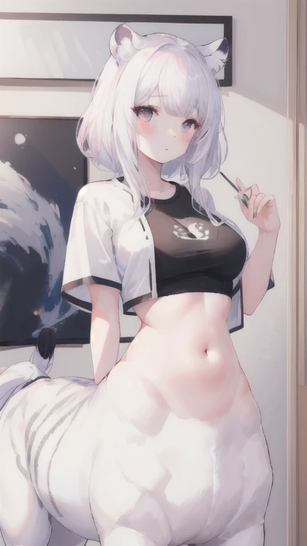 (best quality, masterpiece), 1 girl, centaur, It takes, White skin, Korean , exposing the abdomen,belly button t-shirt, 아름다운 소녀 perfect white tiger photo, perfect white tiger photo