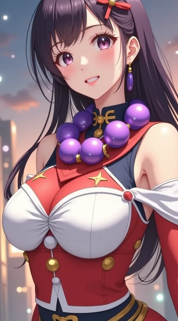 ( body masterpiece, ultra detailed , mejor quality, Clear focus, shadow, anime, ultra high resolution , 8K, perfect anatomy , perfect face , ( detailed load ), ( detailed eye ), punctuation_9, ppunctuation_8_above, ppunctuation_7_above, ppunctuation_6_above, ppunctuation_5_above, ppunctuation_4_above, source _ animated, Label 1, Label2, quality_ body masterpiece, Anatomically correct , beautiful face, perfect face , Beautiful and very detailed face and eyes , Attractive Face , detailed load , delicate facial features {x glossy} plump pink lips , Detailed leather, huge breasts, wide hips , gigantic butt , thick thighs. Athena Asamiya in the anime style of SNK , with long dark hair , tied in a high ponytail , that flows to the side . She has big bright violet eyes , with a friendly and trusting expression , accentuated by a slight blush on her cheeks . She wears a uniform inspired by the marine style , with personalized details .
The outfit includes a white blouse with navy blue details on the sleeves , a red vest with decorative golden brooches in the shape of a bow , and a red scarf or ribbon tied around her waist . Besides, wears a striking necklace composed of large purple beads . On his left arm, has a golden emblem with a stylized design , possibly related to a group or school . It wears red gloves that complement its dynamic and energetic appearance.
The background presents a sky at dusk in a city , ends with warm and soft tones , that add a serenity to the composition . Sunlight reflects softly on the scene , , highlighting the bright colors of the character and its stylized details. .