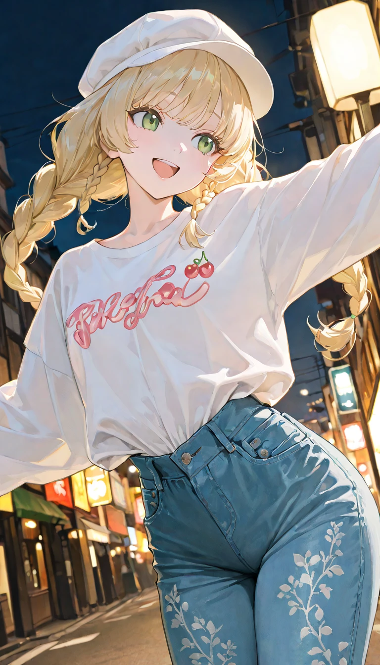aira shiratori, green eyes, :D, smile, happy, blonde hair, detailed eyes, detailed face, baseball hat, pink jacket, long sleeves, mini yellow skirt, streets