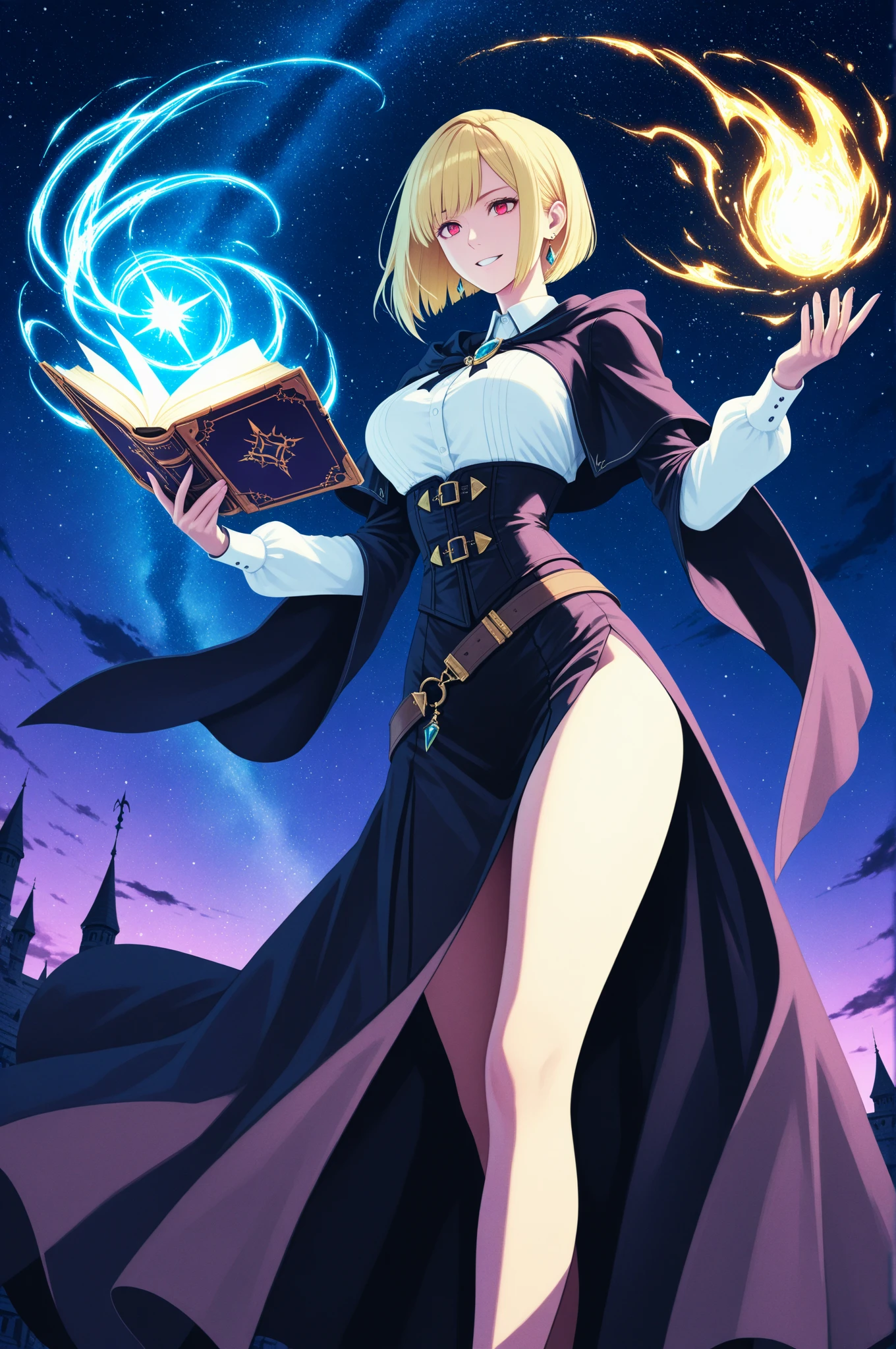 mulher de 35 anos, very long blonde hair down to the waist and half curly with bangs, Seios pequenos, olhos grandes com um brilho apaixonado, olhos verdes mel, Um lindo sorriso, wearing a long black t-shirt with a green feminine suit and jeans, in a serious and sweet comic-style pose, alta qualidadeScott Campbellgarota, localizado na esquina, looking at the sky, Sozinho, Mona (impacto genshin), Gargantilha, cabelo entre os olhos, star (symbol), cabelo longo, cabelo roxo escuro, twintails, olhos azuis, olhos brilhantes, joia, bruxa, housekeeper, franja, vestido preto roxo, saia roxa, avental branco, paisagem, noite sky, star (sky), starry sky, noite, ar livre, nuvens, reflection, Water, Magia, tarot, Water Magia, ((linda estrela de cristal dourada)), space, Water droplets, Respingo