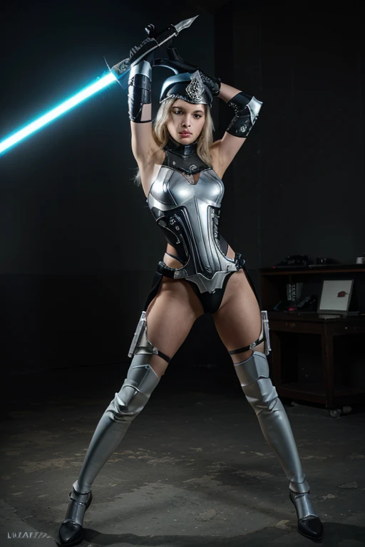 Masterpiece, blonde woman, looks like Madelyn Cline, wearing silver leotards, black belt, boots, holding a laser rifle, arms up, eyes wide, mouth open, looking stunned, realistic