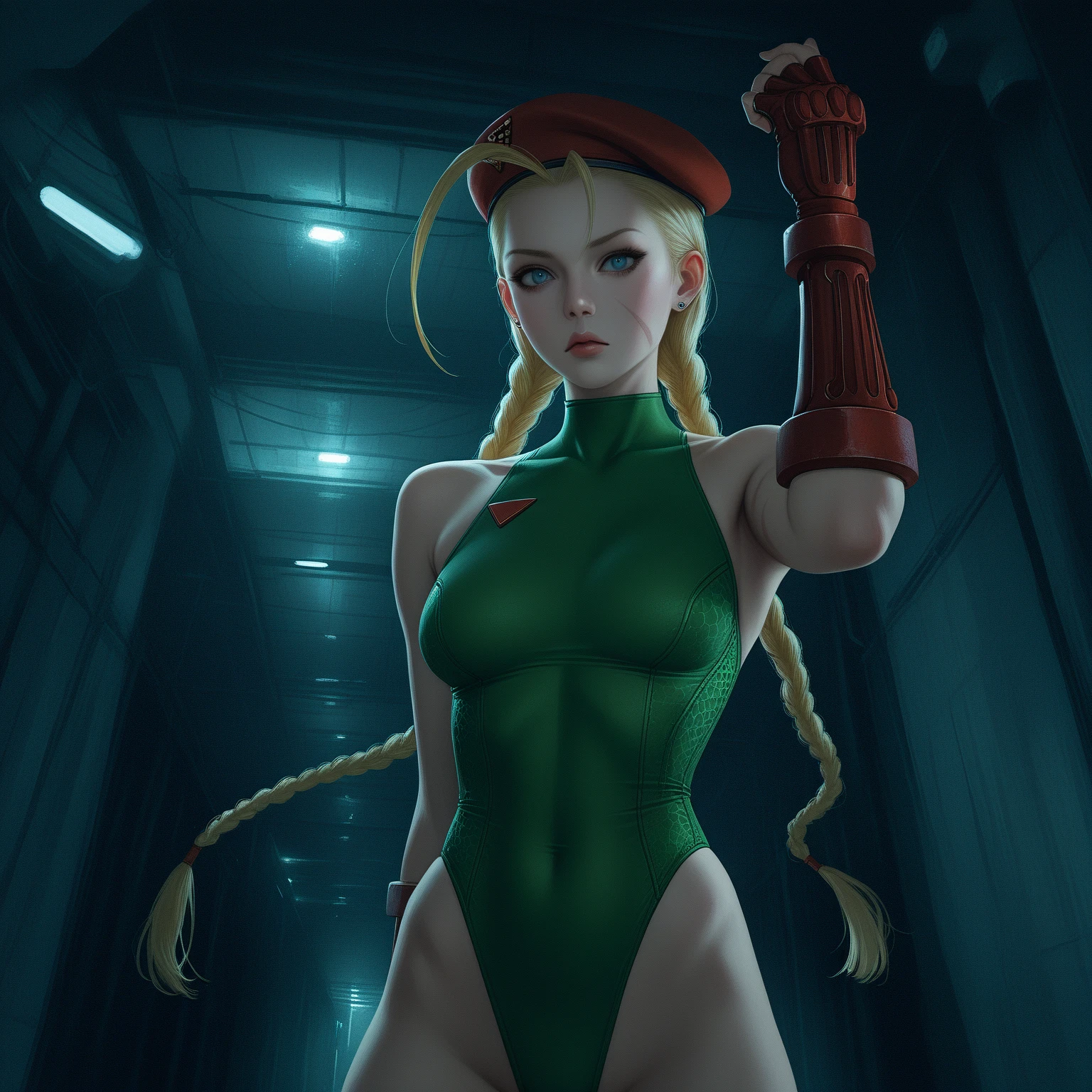 (exquisitely detailed CG unity 8k wallpaper, masterpiece-quality with stunning realism), (best illumination, best shadow), (best quality), angled view, heroic pose, closeup full body portrait of stunningly beautiful mature cammy from street fighter, Cammy white, twin braids, long hair, blonde hair, antenna hair, beret, (red headwear:1.3), blue eyes, scar on cheek, green tight leotard, large breasts, sleeveless, red gloves, fingerless gloves, camouflage, hard , large ass, abs, a little muscular, revealing, depth of field blur effect, night, full zoom, action portrait, photorealistic. cinematic lighting, highly detailed. best quality, 4k, Better hand, perfect anatomy, leaning forward, foreshortening effects, (sitting on the floor:1.7)