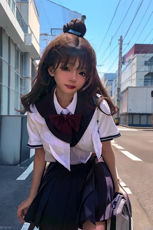 An -year-girl,hoolboy school bag, cute pink school uniform, animal hanging, ponytail, headband, white gloves,