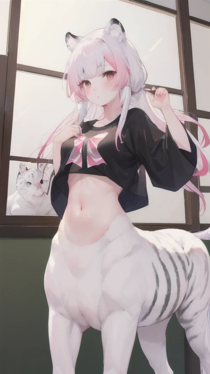 (best quality, masterpiece), 1 girl, centaur, It takes, White skin, Korean ,daughter,black pink,Smiling, exposing the abdomen, belly button t-shirt , 아름다운 소녀 Perfect wild white tiger photo, Perfect wild white tiger photo
