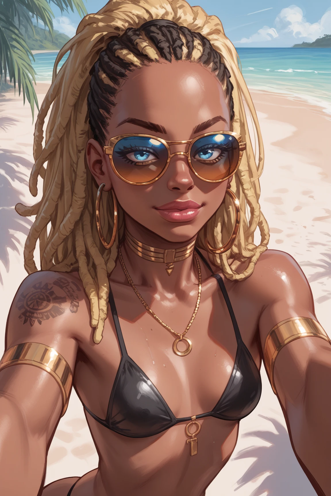1girl, petite body, black skin tone, dirty Yellow hair, small chest, portrait, black eyes, Bikini, beach background, best quality, quality at best, skinny, cloaked