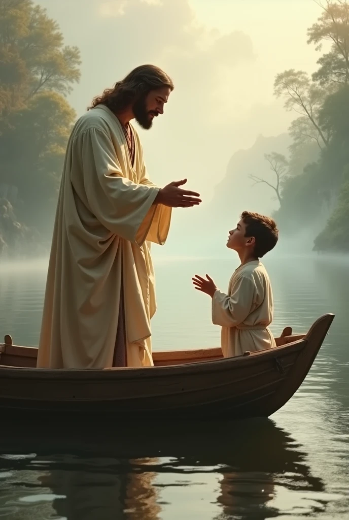 Jesus blesses the children, all turned towards the water, and next to them is a deep lake, and on the lake there is an old boat
