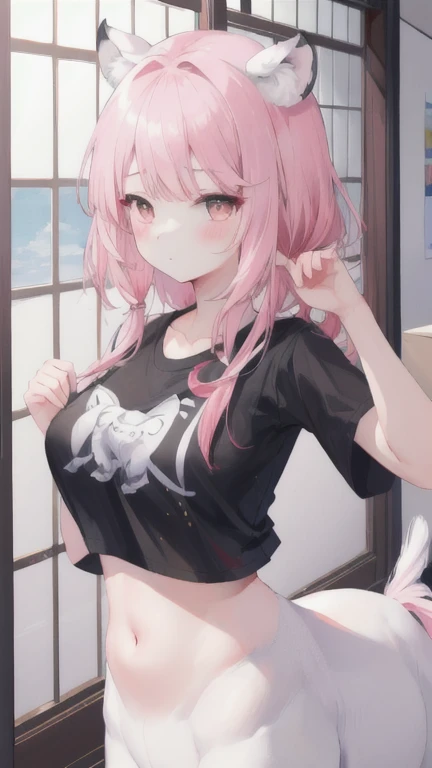 (best quality, masterpiece), 1 girl, centaur, It takes, White skin, Korean ,daughter, black pink,Smiling, exposing the abdomen, belly button t-shirt , 아름다운 소녀 perfect wolf photo, perfect wolf photo