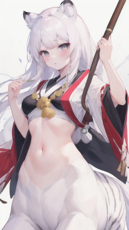 (best quality, masterpiece), 1 girl, centaur, It takes, White skin, Japanese , exposing the abdomen,belly button t-shirt, 아름다운 소녀 perfect white tiger photo, perfect white tiger photo