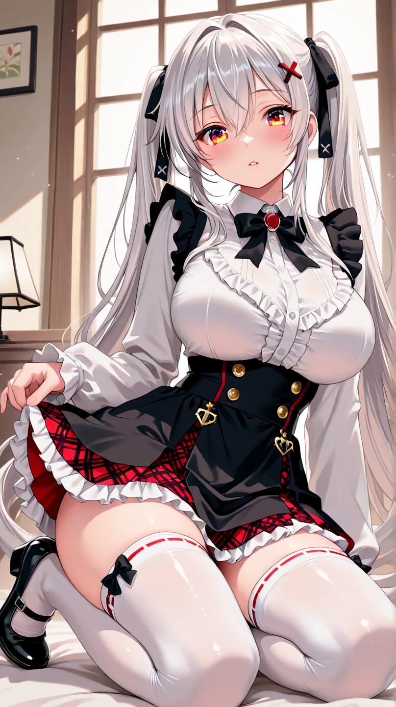 tmasterpiece,8K quality,Extremely high level of detail,1girll, 独奏, Big breasts Asuna, long whitr hair,big cleavage breasts, upper legs, ssmile, (the maid outfit, lacepantyhose), Cafe background