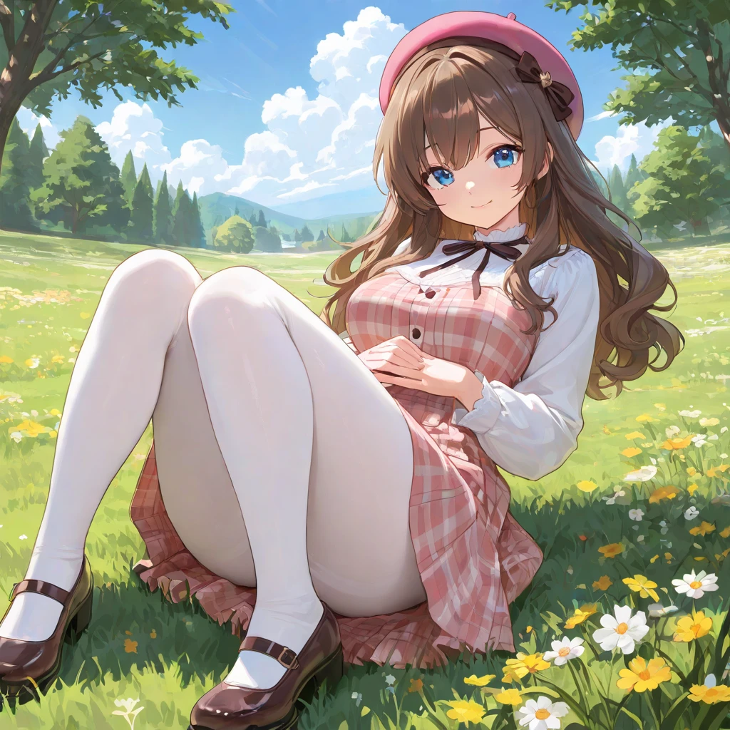 1 young beautiful girl, (20 year old girl:1.3), anime girl, anime CG style, crouching in a flower park, blue sky with white clouds, strong wind, brown hair, gradient hair, 2 bangs, crossed bangs, red bangs, long hair, ponytail, wavy hair, expressive hair, shiny hair, hair flower, hair ornament, butterfly hair ornament, lolita hairband, yellow hairband, pupils sparkling, aqua eyes, crystal earrings, makeup, smile, Natural smile, cutesmile, A captivating smile, (looking at the viewer:1.2), glossy lips, blush, tongue out, bright pupils, seductive smile, happy, beautiful face details, (pretty nose:1.3), green butterfly earrings crystal, large and round breasts, low chest, Elegant dress, turquoise green dress, short sleeves, floral dress with white lace, white bow sandals with flower, yellow panties, (show panties:1.4), (panty shot:1.3), (upskirt:1.3), (squat:1.4), put the heel on the ground, spread her legs a little, squat with her knees up, Attach her butt to the ground, good lighting, Front view, ass pov, close-up, from below, perspective, Wide-Angle, move the center of gravity front, squat deep in the park fields, whole body, perfect body, high detail, dithering, image fill, outside border, f/1.8, 85mm, Nikon, 8K, super detail, uhd, uhd, retina, masterpiece, anatomically correct, textured skin, super detail, high quality, best quality
