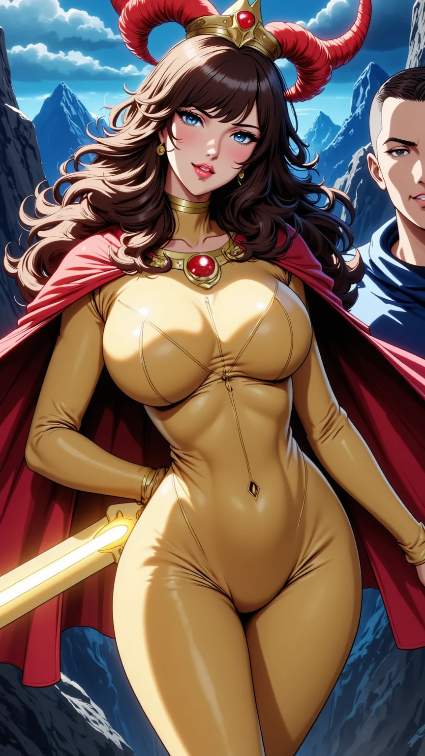 Watercolour, 1980s anime, latina, female elf, mature face, lipstick, black eyeliner, pelvic curtain, thighhighs, skindentation, curvy, cleavage_cutout, sleeveless, dominant, standing, looking at viewer, brown hair, brown eyes