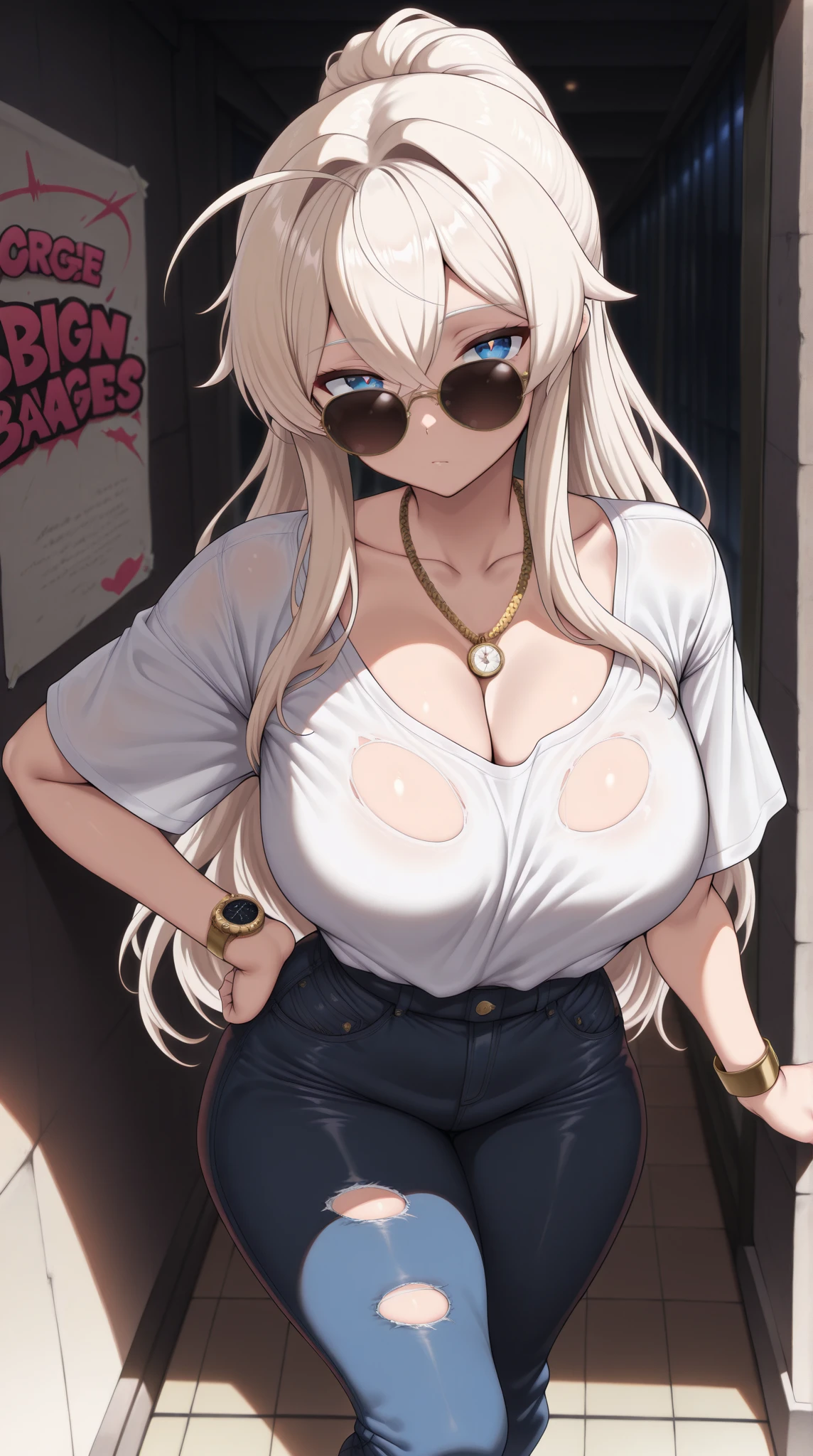 (mesa:1.2), realista, foto de 18 anos、Garota de camisa branca apertada(camisa desabotoada), metade  , melhor qualidade, (seios grandes:1.2), Ombros nus, decote, Nsfw Something?, [[Hands hidden behind the back]], brincos, Camisa completa, gargantilha preta, Sozinho, [sfw]、(Mini shorts jeans danificados、perna alta)、lindas pernas、beautiful abdomen、sente uma cadeira、Olhar de umbigo