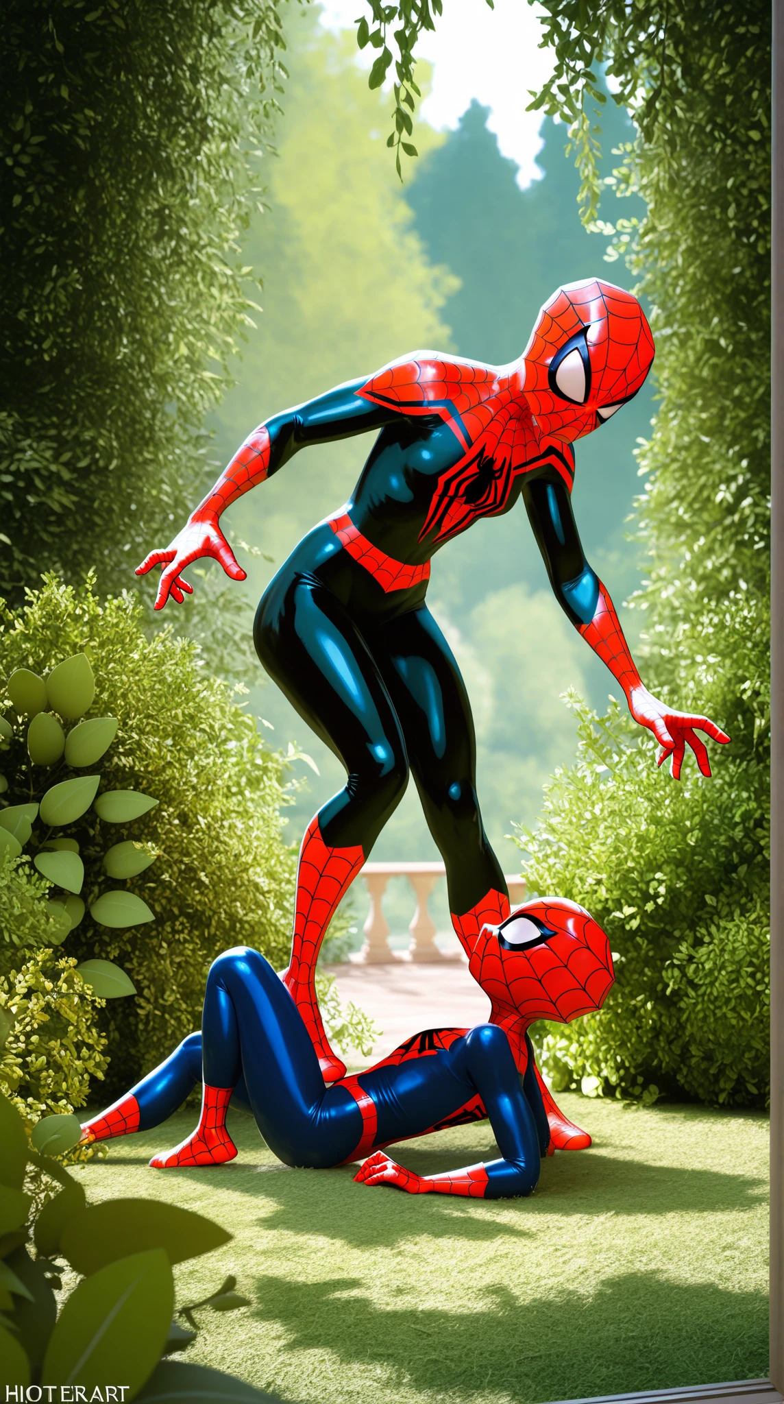 Create an image with 64k resolution, Unreal Engine 5, SpiderMan style, Super Metroid style, full body photo of a zombie skeleton woman, cosplaying Spider-Man+Samus Aran, looking at the viewer, green eyes, blue hair, holding a suitcase, in a haunted hotel with ghosts