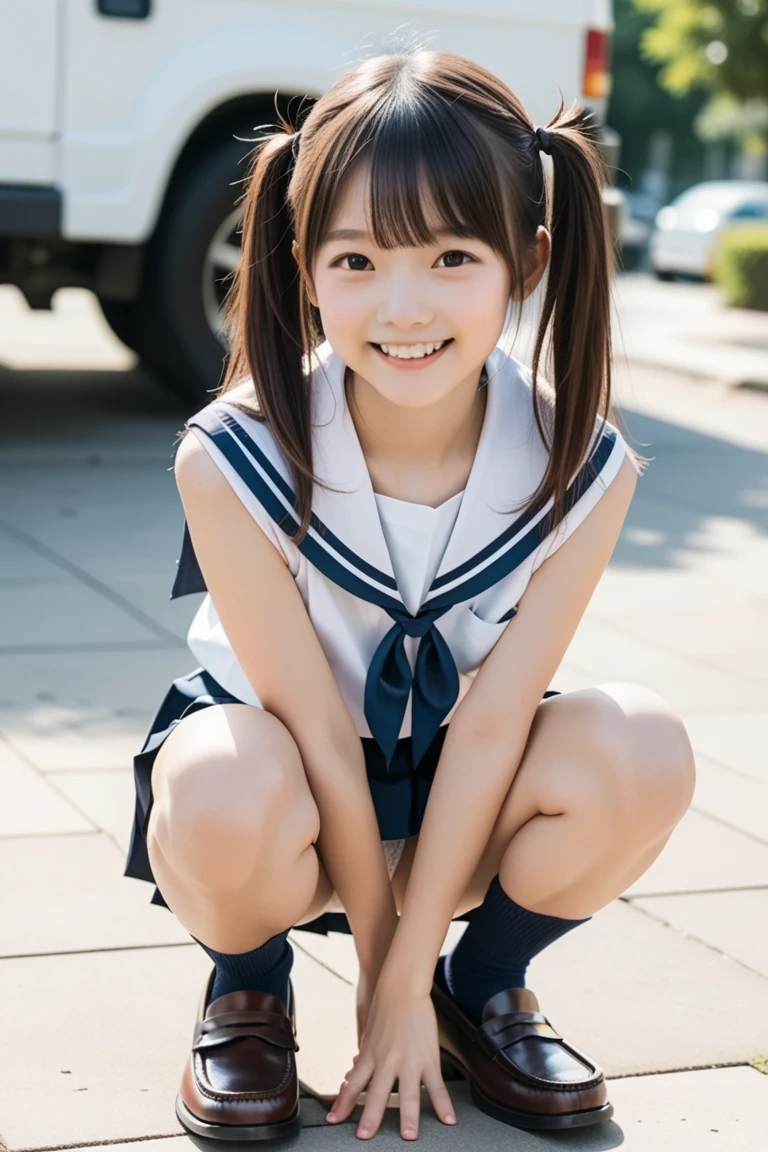 Japanese,10 years old,Twin tails,look up,Please open your mouth wide,Sticking out tongue,Showing tongue,cute,Summer sailor uniform,Sitting,Knee-high socks