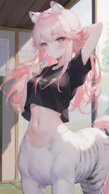 (best quality, masterpiece), 1 girl, centaur, It takes, White skin, Korean ,daughter, black pink,exposing the abdomen, belly button t-shirt , 아름다운 소녀 perfect white tiger photo, perfect white tiger photo