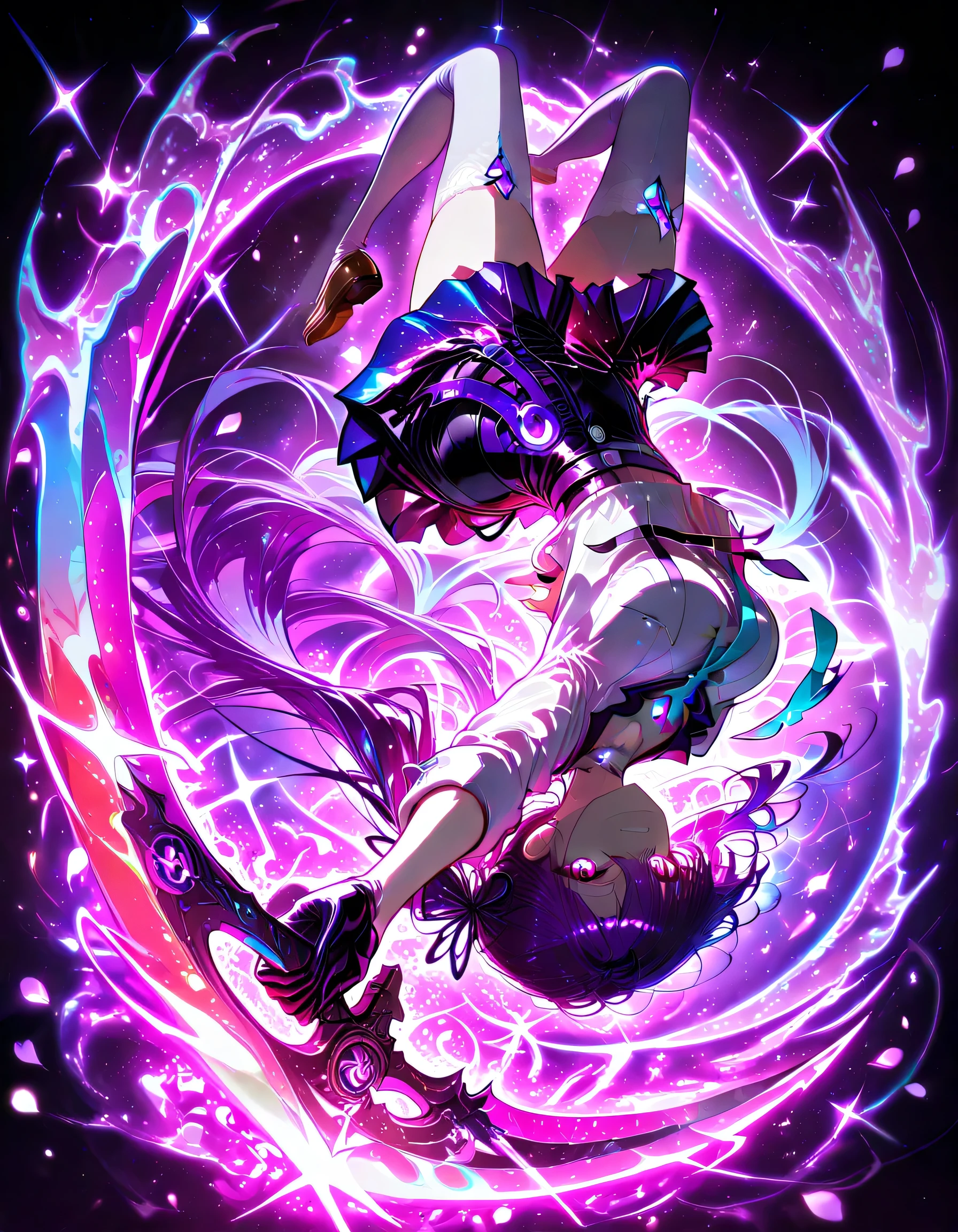 neon art, neon lineart, colorful neon lineart, neon silhouette, silhouette, neon colors, glowing, glow effect, bright outlines, vibrant colors, high contrast, dark background, digital art, extreme perspective、upside-down, backflip、Whole body expression, 1 woman, sharp purple eyes , multicolored eyes , hair between eyes , long side bangs , black hair with fine purple strands , very long hair , medium breasts , cool, beautiful
, white lace choker, school uniform, neon trims, white shirt, marine blue necktie, marine skirt, intricate white thighhighs, brown loafers, torn clothes, scratch, solo, glowing eyes, looking at viewer, dynamic shot, dynamic view, dynamic pose, holding weapon, fan, ornament fan, the fan blade looks like petals, black claws on the fan, weapon fan, , crouching, foreshortening, bokeh, glittering, sparkling, blood splash, bloody, blood, purple theme, (((black background)))