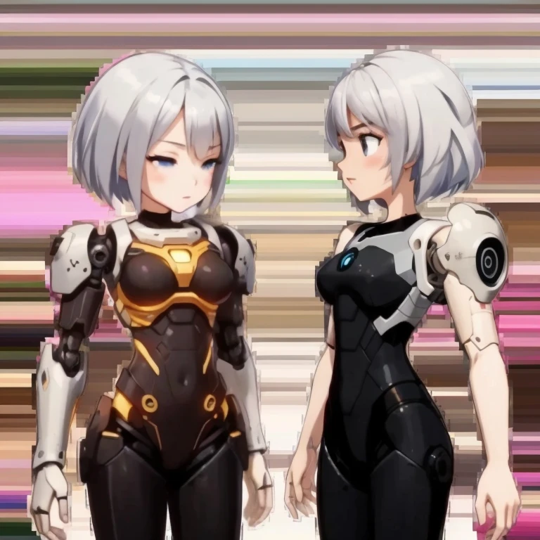 A short, white-haired woman with glowing golden eyes, she is wearing a helmet and a futuristic, robotic outfit