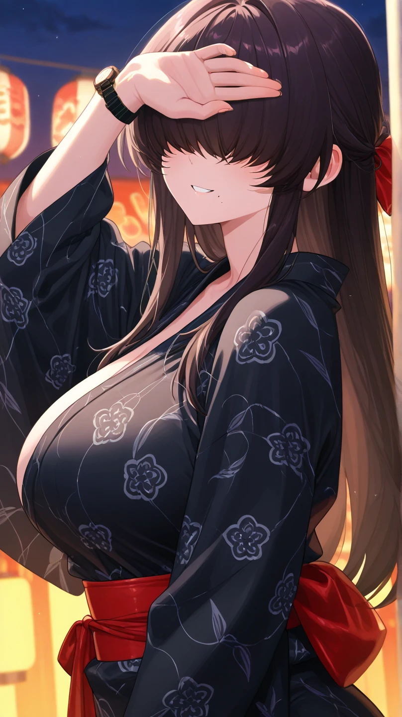 Young girl, long black hair, fox ears, yellow eyes, fox tails, open kimono, open shoulders, open chest, smile, Masterpiece, hiquality