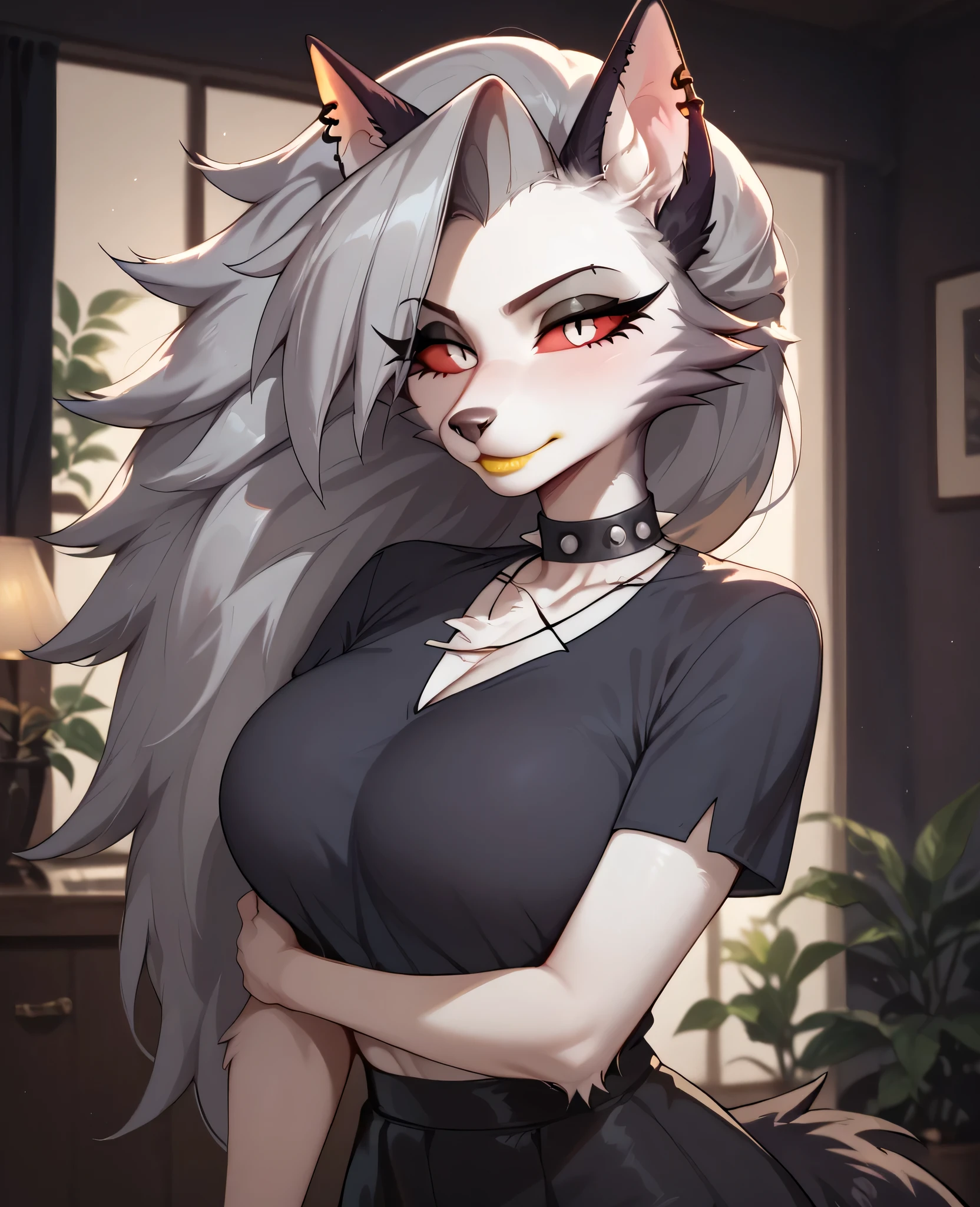 ,long eyelashes, woman, solo, hairy female, wolf girl, red eyes, red sclera, gray hair, long hair, bangs, wolf ears, wolf tail, body hair, gray fur, two-tone fur, white fur, spiky necklace, snout, animal nose, ear piercing, yellow lipstick, big breasts, anime style, Loona, black skirt, happy, gray top