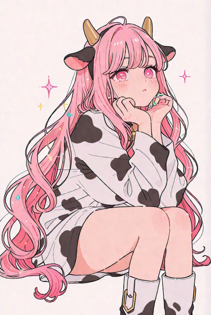 IMVU, pink hair, pink heart eyes, white round glasses, pale skin, white and pink cow ears, white horns with pink bows, fuzzy white jacket with pink spots, pink cowbell choker, kawaii, soft, high quality, masterpiece, 8k
