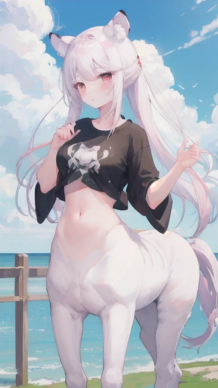(best quality, masterpiece), 1 girl, centaur, It takes, White skin, Korean ,Smiling,animal, exposing the abdomen,Sportsbra, 아름다운 소녀 perfect white tiger photo, perfect white tiger photo