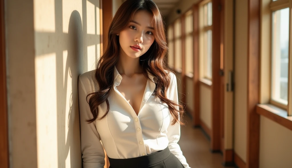 25 years old female, soio, A secretary, stunningly beautiful, (top-quality、8K、32K、tmasterpiece、NFFSW:1.3)、超A high resolution,(Photorealsitic:1.4),RAW photography, Detailed face,,Beautiful hair, White shirt,((Secretarial style)), thicc body, Tight skirts、 Natural makeup, Breast cleavage, Inside the office, Detailed background, Perfect lighting, depth of fields, Beautiful shadow gradient, ,