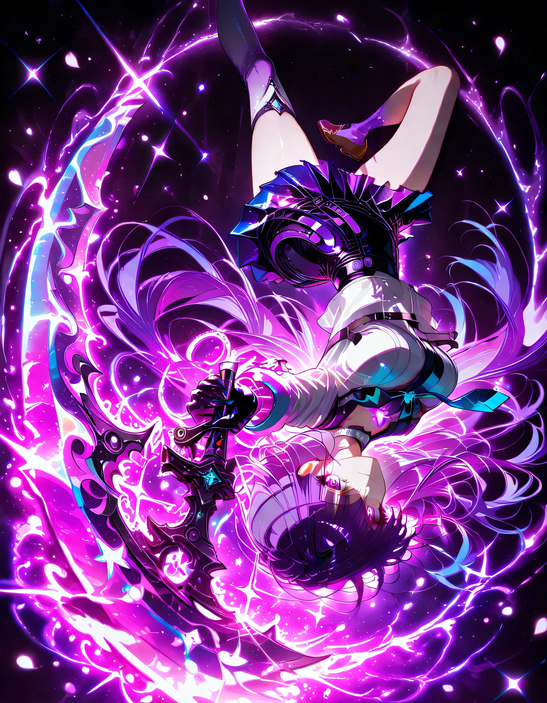 neon art, neon lineart, colorful neon lineart, neon silhouette, silhouette, neon colors, glowing, glow effect, bright outlines, vibrant colors, high contrast, dark background, digital art, extreme perspective、upside-down, backflip、Whole body expression, 1 woman, sharp purple eyes , multicolored eyes , hair between eyes , long side bangs , black hair with fine purple strands , very long hair , medium breasts , cool, beautiful
, white lace choker, school uniform, neon trims, white shirt, marine blue necktie, marine skirt, intricate white thighhighs, brown loafers, torn clothes, scratch, solo, glowing eyes, looking at viewer, dynamic shot, dynamic view, dynamic pose, holding weapon, fan, ornament fan, the fan blade looks like petals, black claws on the fan, weapon fan, , crouching, foreshortening, bokeh, glittering, sparkling, blood splash, bloody, blood, purple theme, (((black background)))