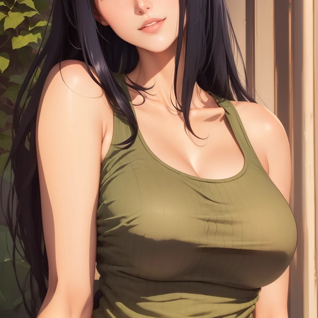Amazing portrait of a sexy woman with her black hair in a single braid having a long forehead with seductive eyes and her lips parted smiling with the deepest blush wearing an off shoulder olive green t shirt and blue short shorts lying on the bed being very seductive and aroused