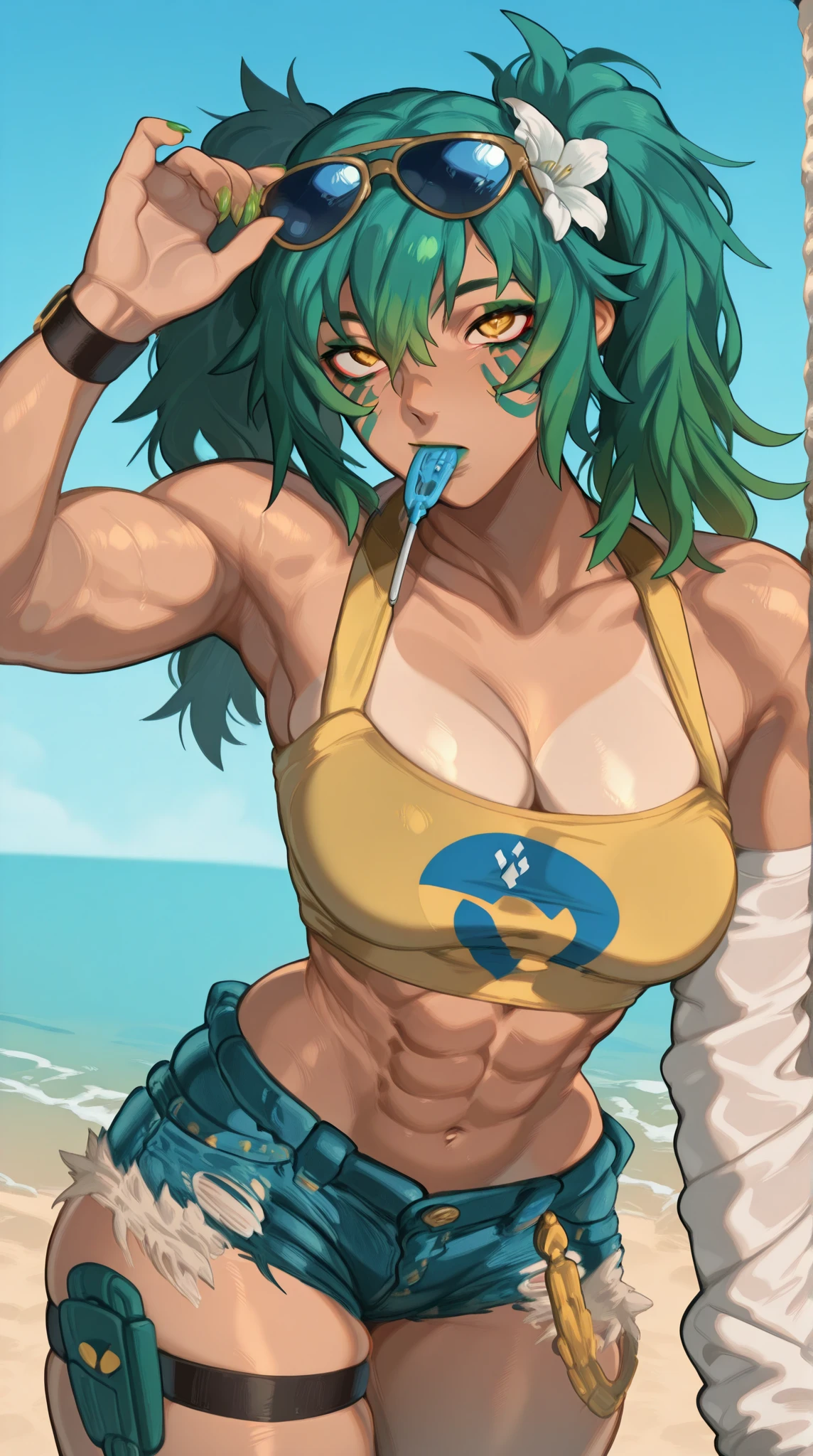 18 year old anime muscle mommy with highligter green hair and pale skin in a neon green thong bikini, and wearing a black surgical mask, flexing her muscles with her hands behind her head so they are not visible to pridefully showing off her rock hard abs while sitting on on a mountain ledge, highly detailed