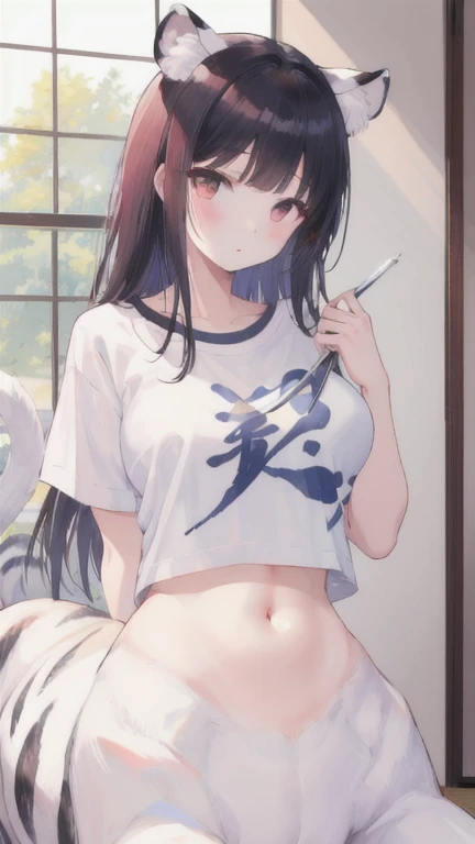(best quality, masterpiece), 1 girl, centaur, I beg, White skin, Japanese schoolgirl, black pink, exposing the abdomen, belly button t-shirt , beautiful girl perfect, White tiger photo, Perfect bathroom photo
