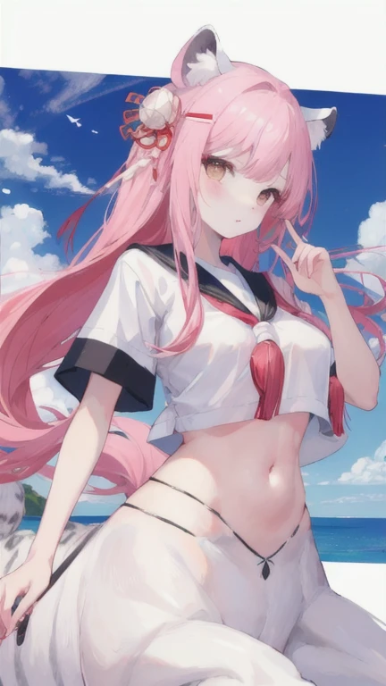 masterpiece, Best quality, 1 girl, I look at the viewer, Cute, bikini, Beach, Sun Ray, ocean, Medium breasts, thigh high, black thigh high, green eyes, zero two \(darling in france\), pink hair, Beautiful detailed eyes, beautiful detailed glow, A lot of glow, hands behind your head, embarrassed, choker