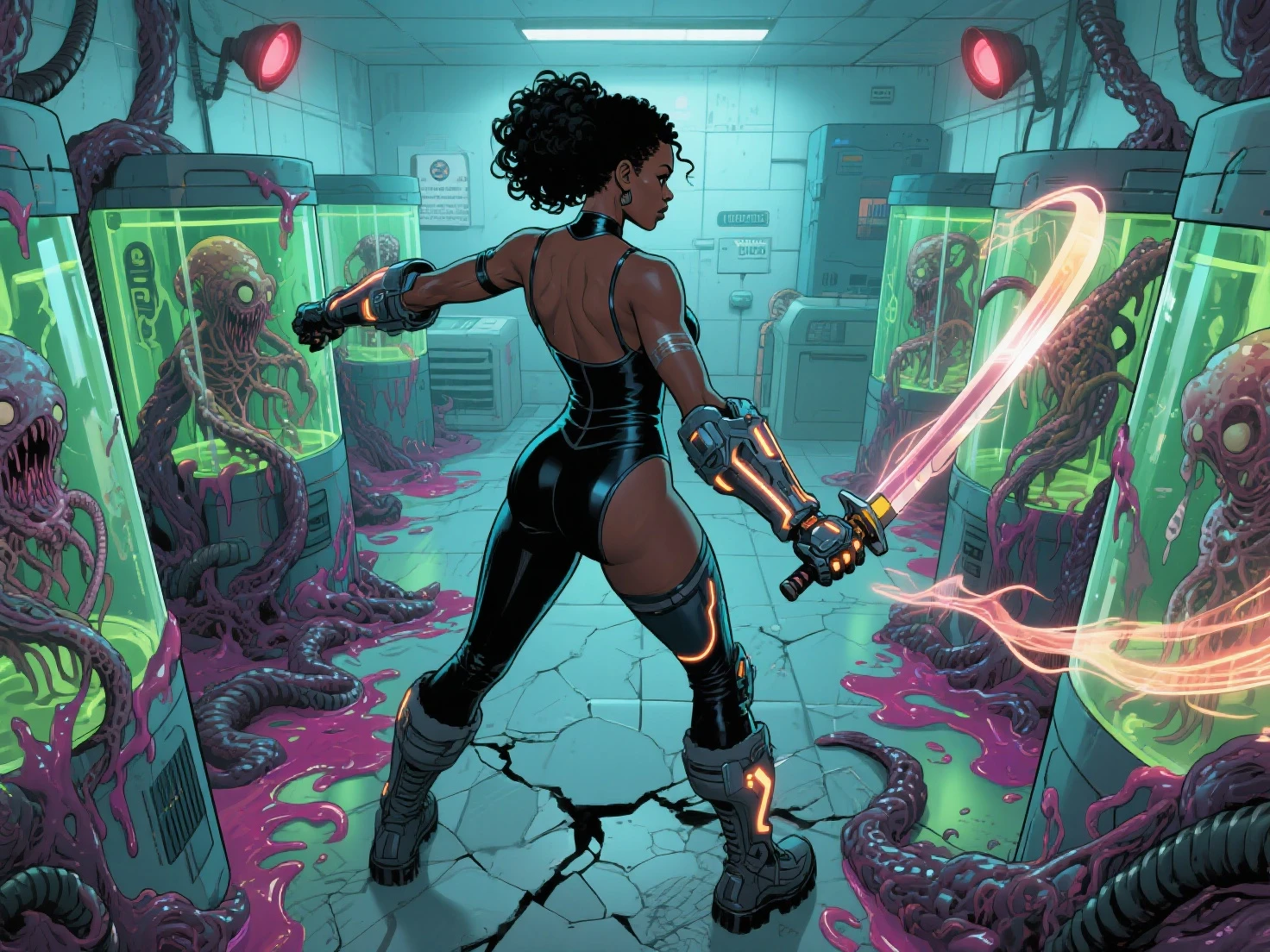 ((best quality)), ((masterpiece)), (perfect face), (detailed), damaged destroyed radioactive laboratory, broken glass on floor, (large cylindrical containment glass broken open centered in foreground), detailed realistic face, (tall muscular nerdy dark-skinned Haitian scientist woman with long braided hair, small breasts, full lips, round nose, glowing amulet necklace, golden jeweled armlets, standing hurt, violet iridescent slimy alien symbiote taking over body, concern, left side of frame), small slime symbiote sliding around floor, fumes and smoke along ceiling, (large Cannabis indica plant in sci-fi glass container fumes escaping), in style of Marvel comics