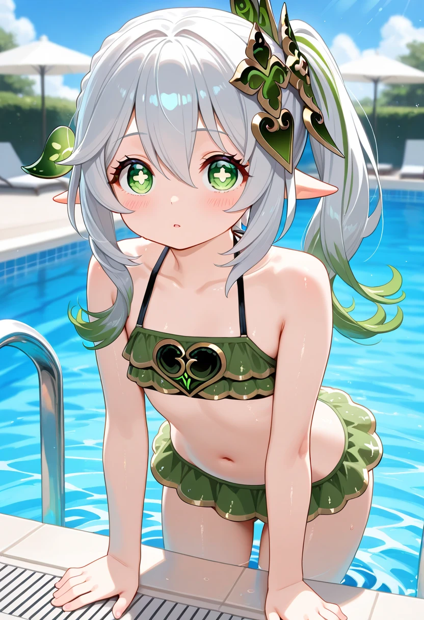 tmasterpiece, best qualtiy, Fine and detailed, A high resolution, Extremely Delicately Beautiful, (white hair), Close-up Shot Shot, (Green eyes), Be red in the face, cleavage, swimsuit,  photo, perfect bodies, perfect bodies, white stockings, (Overlooking), sea, flat chested