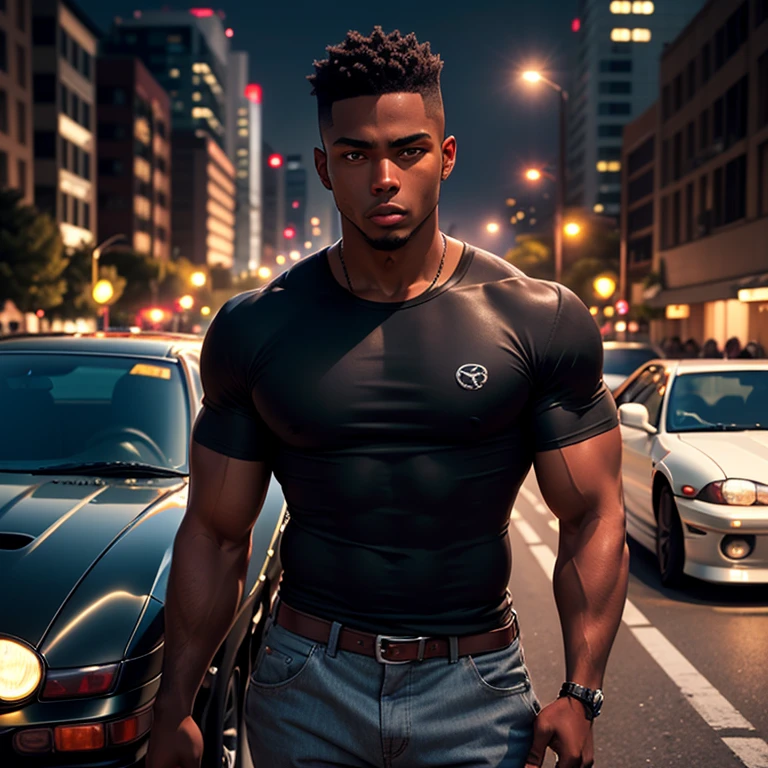 Sexy black man in black pants and shirtless. Fundo loja de carros.