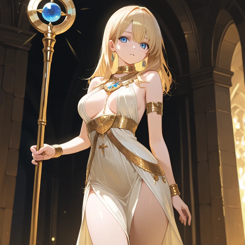 Vibrant and dynamic anime-style illustration featuring a very tall young girl character with blonde super short haircut, her hair is short and reaches the nape of her neck at the back, she has two strands on the forehead that reach her cheeks, expressive blue eyes. She is sitting on the floor with her right hand on her chin, and her other hand resting on her leg, her expression is flirtatious and fun. The character has a fair complexion and is adorned with a golden jewel on her forehead. she is dressed in a white dress with gold accents, and she holds a cigarette in one hand. The background is a blank space. The overall composition is energetic and colorful, with a focus on the character's cheerful and confident expression
