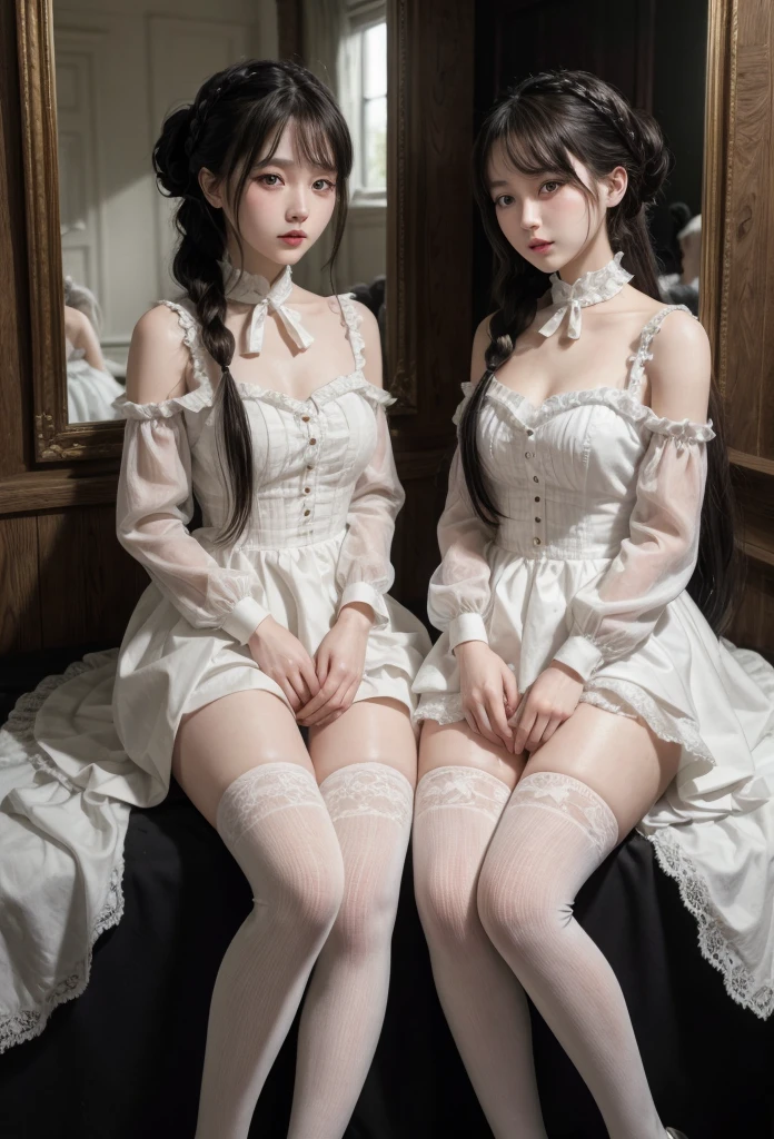 It depicts two beautiful Japanese girls in gothic-style outfits.。They are in a stately building that looks like a church.。In the background are heavy wooden furniture and stained glass windows.、It exudes a mysterious atmosphere。A thin mist floats on the floor.、It creates a mysterious space.。
The beautiful girls、She was wearing a tight fitting black lace dress.、Each one has a sexy and elegant style.。One of them is wearing a white veil、The other has a black ribbon in her hair.。Their expressions are serious、Looking into each other's eyes gives the impression of a deep bond and a special relationship.。
They both sat on their knees、The image of them holding hands is impressive.。Their beautiful features and the intricate lace details are highlighted.、The overall visuals are very beautiful、Fantastic!。She wears black stockings and high heels、The gothic fashion further enhances the overall atmosphere.。
This image is、Has a strong visual impact、It leaves a deep impression on the viewer.、It gives a mysterious and dramatic feel to the story.。
---
This prompt is、Through detailed depictions of images、The mysterious and elegant character、And the aim is to convey that visual impact.。