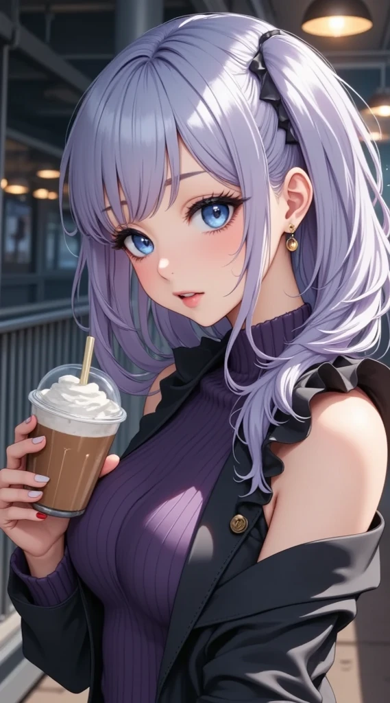 (obra maestra, computer, mejor quality, Clear focus, shadow, anime-style, ultra high resolution, 8K, perfect anatomy, perfect face, (detailed face), ( Detailed eye ), punctuation_9, punctuation_8_above, punctuation_7_above, punctuation_6_above, punctuation_5_above, punctuation_4_above, source _animated, Label 1, Label2, quality_obra maestra, Anatomically correct, beautiful face, perfect face, Beautiful and highly detailed face and eyes, Attractive face, detailed face, delicate facial features {x glossy} plump pink lips, detailed skin, huge breasts, breast size cup D or DD, wide hips, gigantic butt, thick thighs. looking at the viewer. Anime style illustration of a beautiful woman with an elegant and sensual look. Anime girl with lilac silver hair, Long and Loose Clothing, with a shiny black band. She has big blue eyes with bright reflections, soft and slightly surprised expression, blushed cheeks. She wears a tall purple sweater with a collar ribbed texture, elegant black jacket with a collar decorated with ruffles. Holds a glass Of frappé with whipped cream and green straw with the left hand. She wears red nail polish. small gold earrings. Blurred urban night background with dim lights, metal structures and railings, giving an atmosphere of a night walk or date. Estilo artístico realista anime de alta quality, soft shading, very polished details on her hair, leather and clothing .