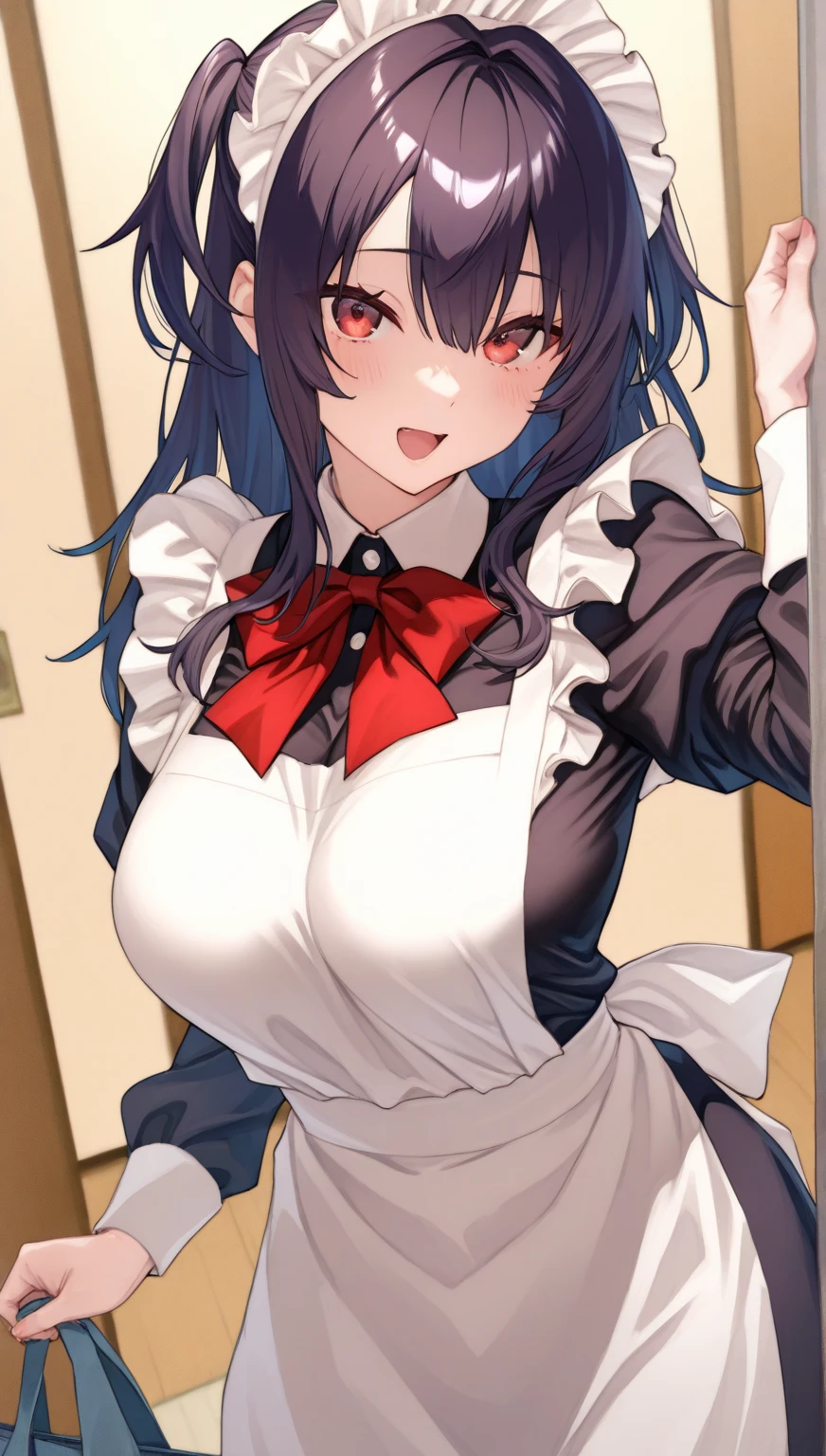 masterpiece, best quality, absurdres, perfect anatomy, 1girl, solo, KafkaHSR, purple eyes, bangs, long hair, wrist cuffs, playboy bunny, leotard, pantyhose, fake bunny ears, from side, contrapposto, smile, dynamic pose, cowboy shot, indoors, bedroom